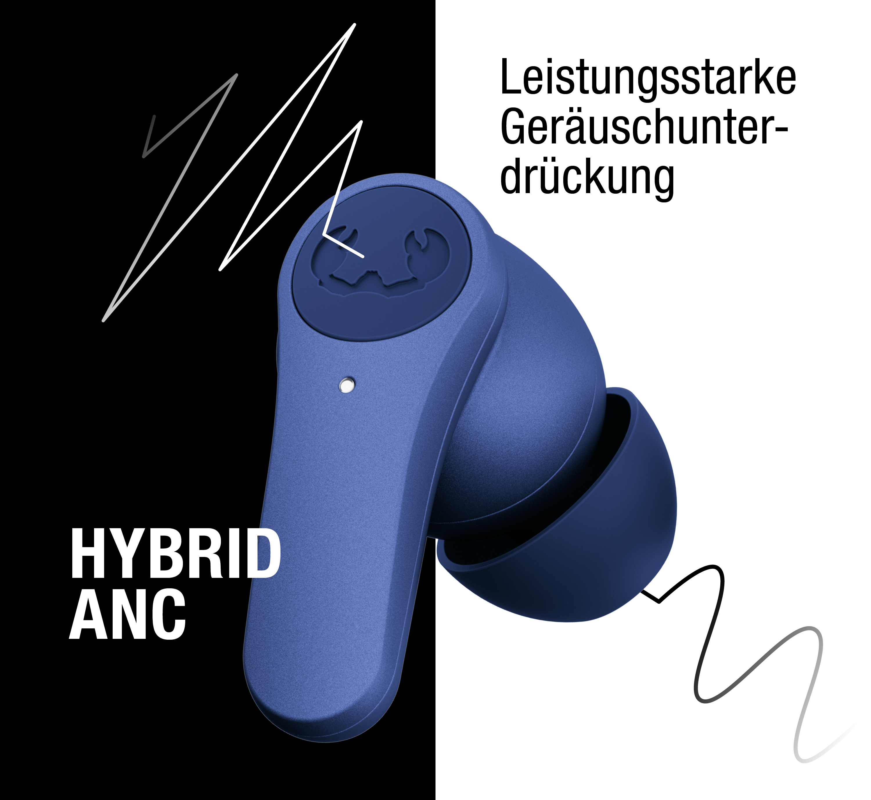 Blaue In-Ear-Kopfhörer vor schwarz-weißem Hintergrund mit Text und Wellenlinien.