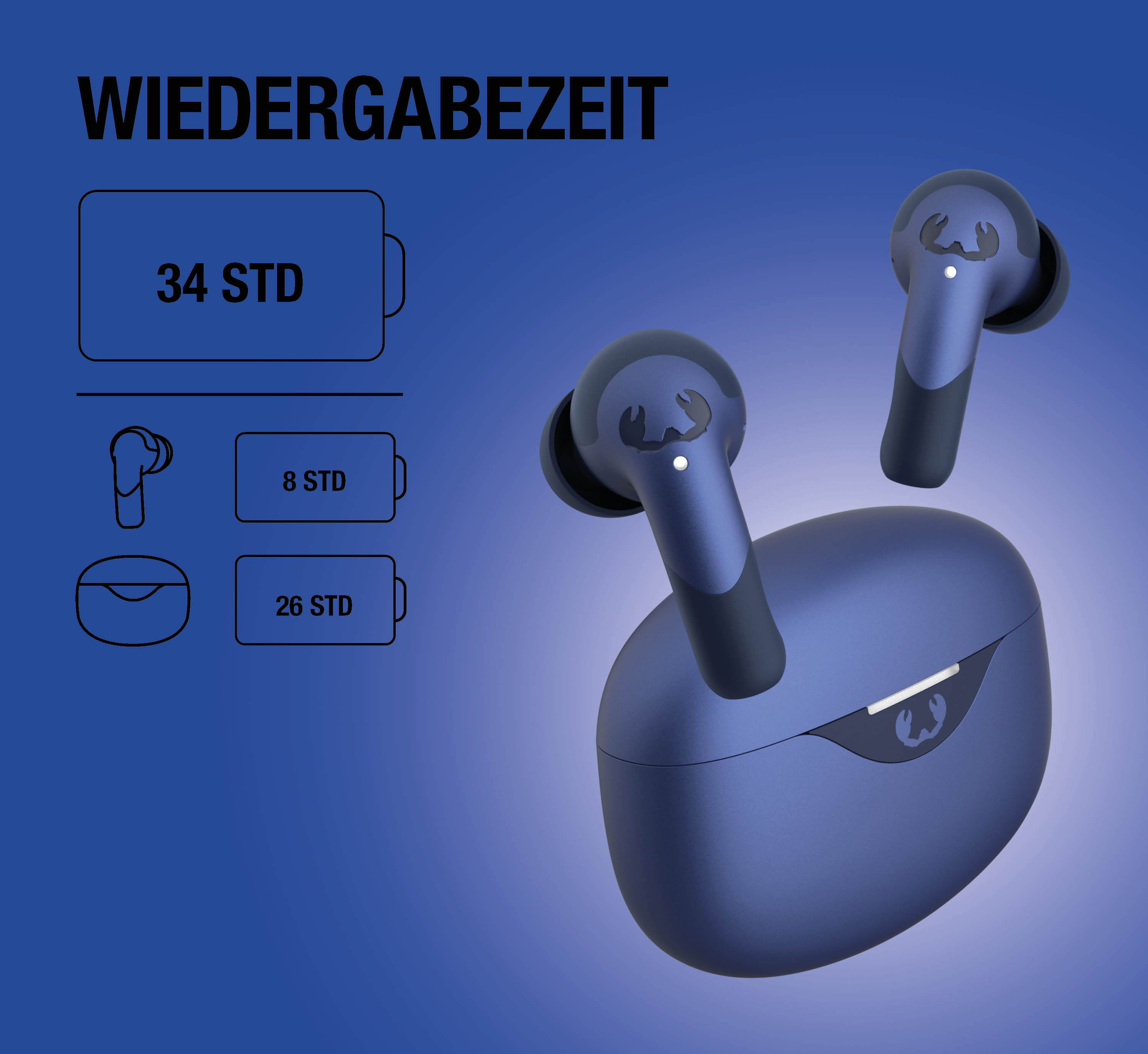 Auriculares inalámbricos azules y estuche de carga con info de batería sobre fondo azul.
