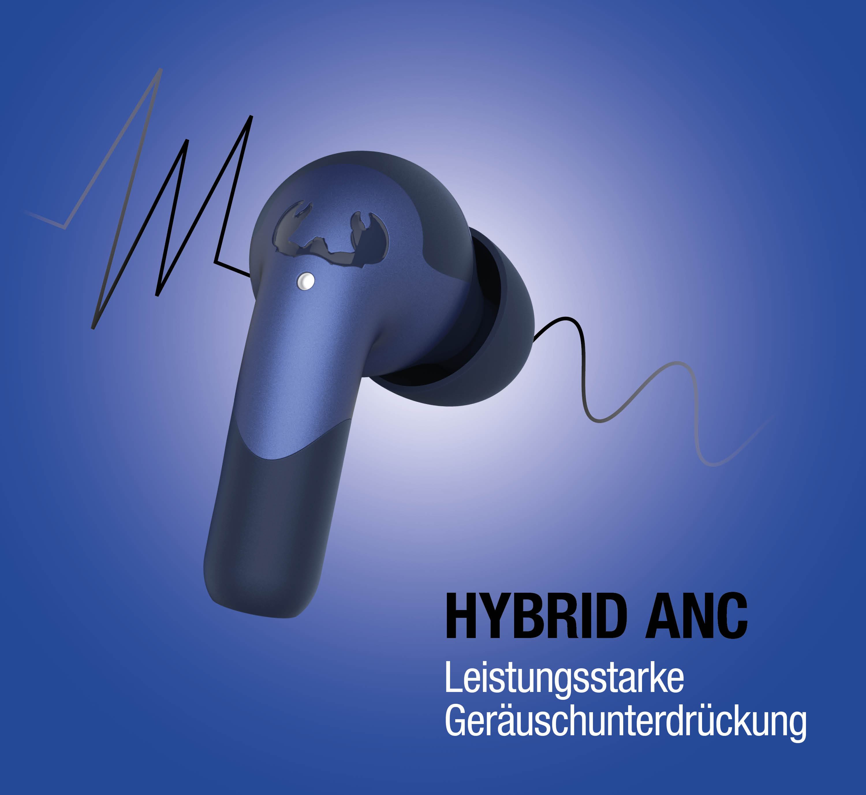 Un auricular azul sobre fondo azul con líneas onduladas y el texto HYBRID ANC.