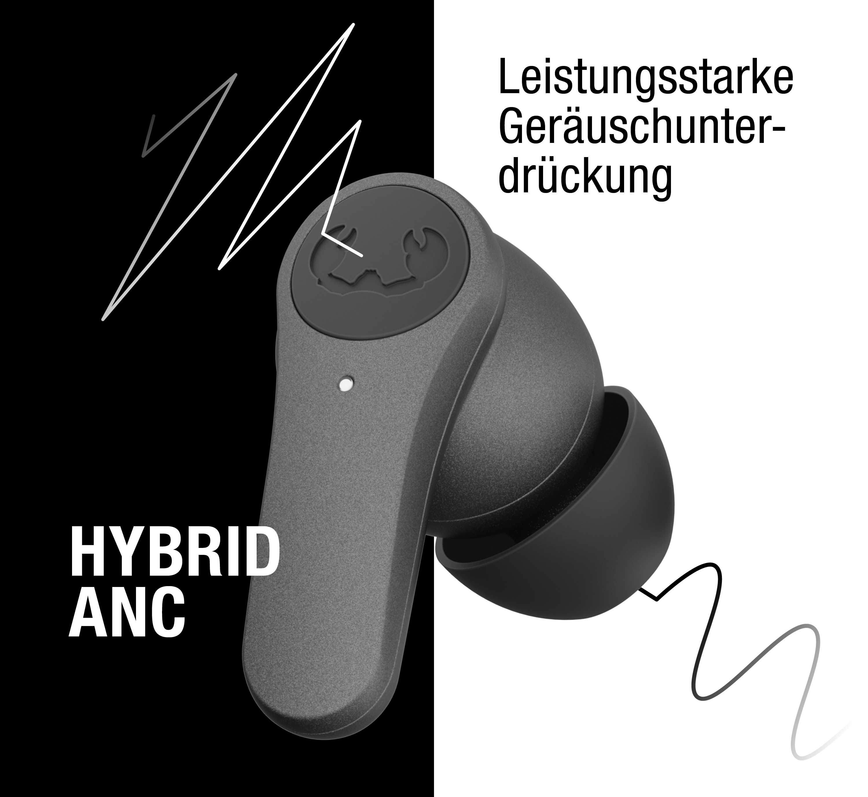 Ein schwarzer In-Ear-Kopfhörer vor schwarz-weißem Hintergrund mit Text und Symbolen.