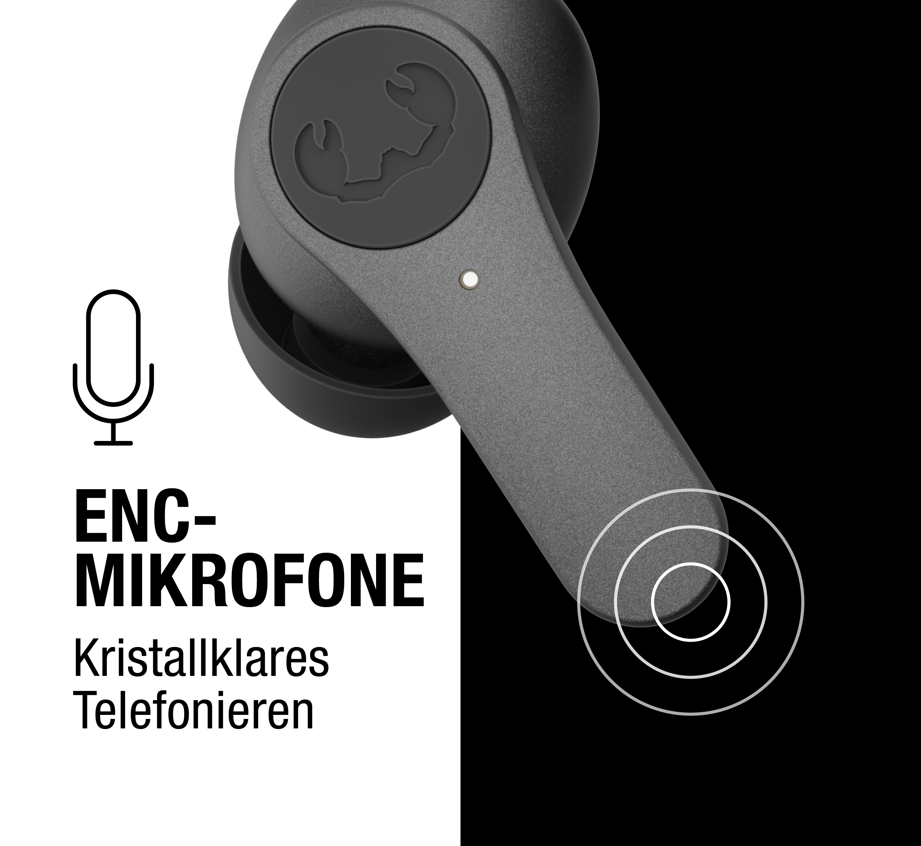 Grauer Kopfhoerer mit ENC-Mikrofon und Wellensymbolen auf schwarz-weissem Hintergrund.