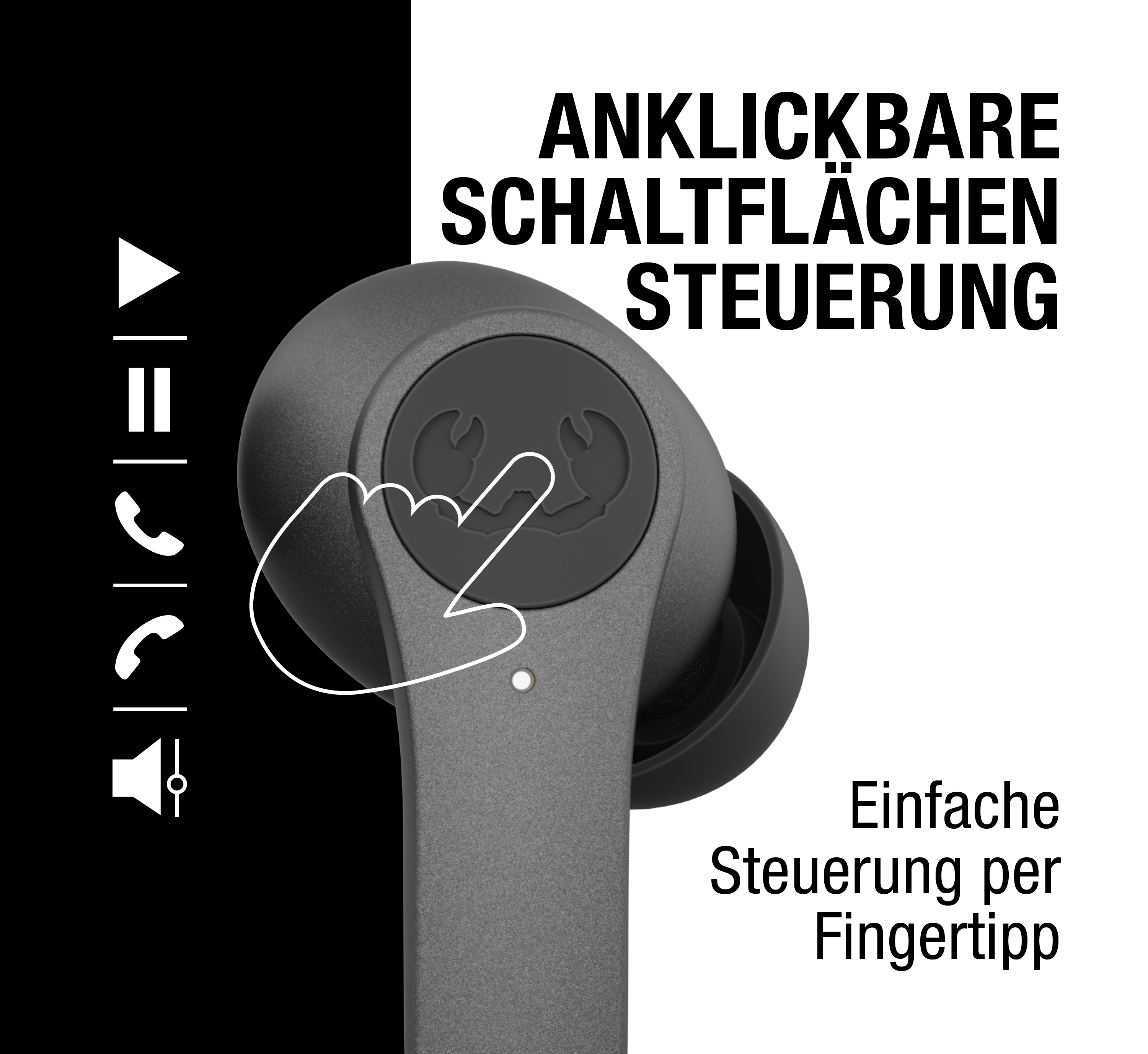 Ein schwarzer kabelloser Ohrhörer mit Touch-Steuerungssymbolen links und deutschem Text.