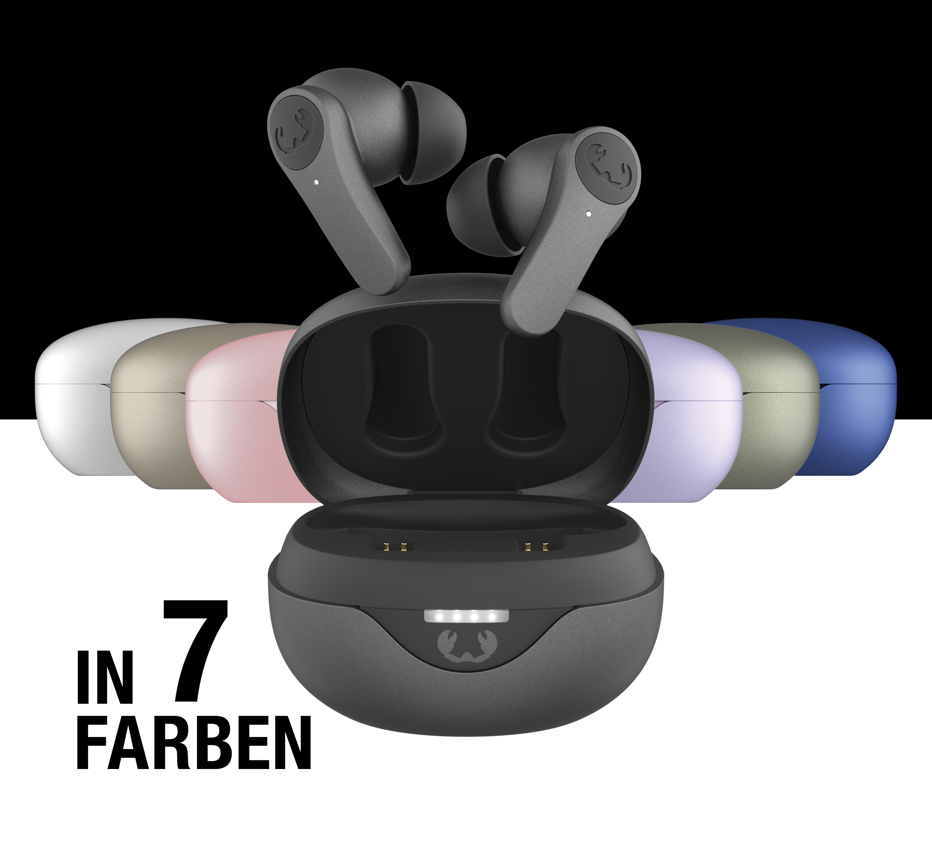 Schwarze In-Ear-Kopfhörer mit Ladecase und im Hintergrund sieben verschiedenfarbige Cases.
