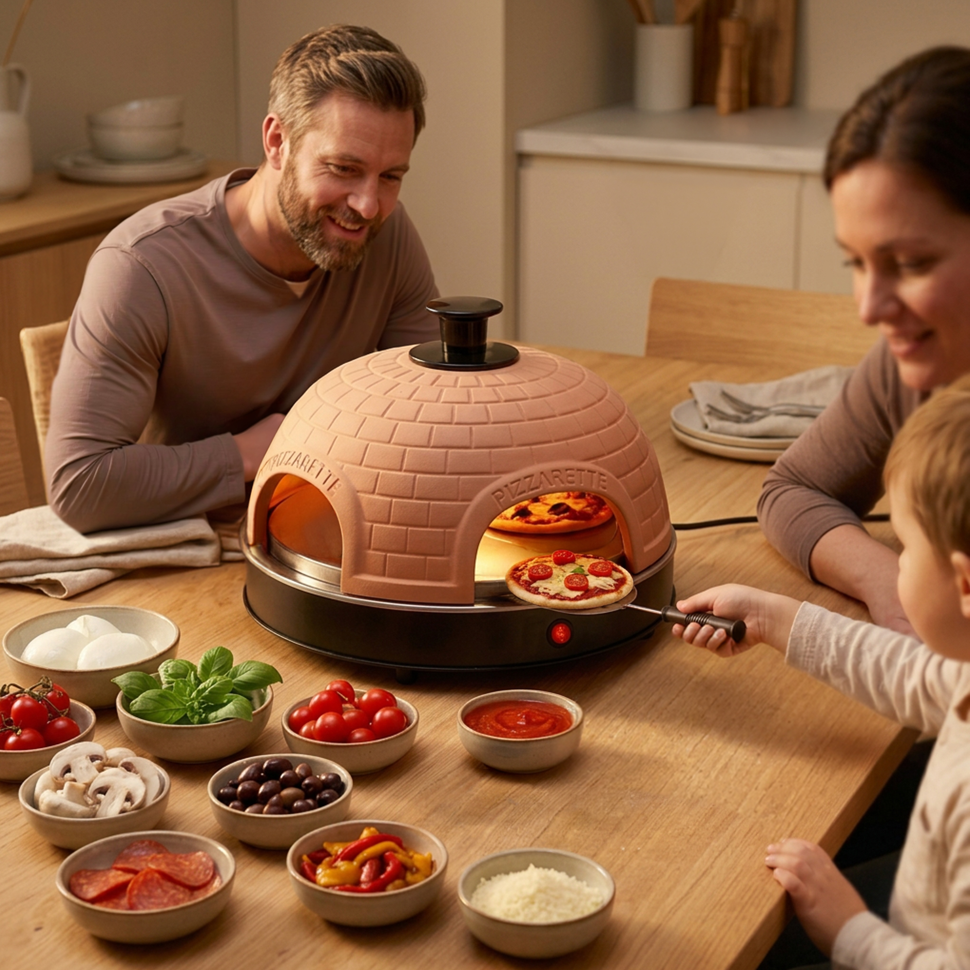 Una familia hace mini pizzas juntas usando un horno de pizza de mesa, rodeado de pequeños tazones de ingredientes frescos.