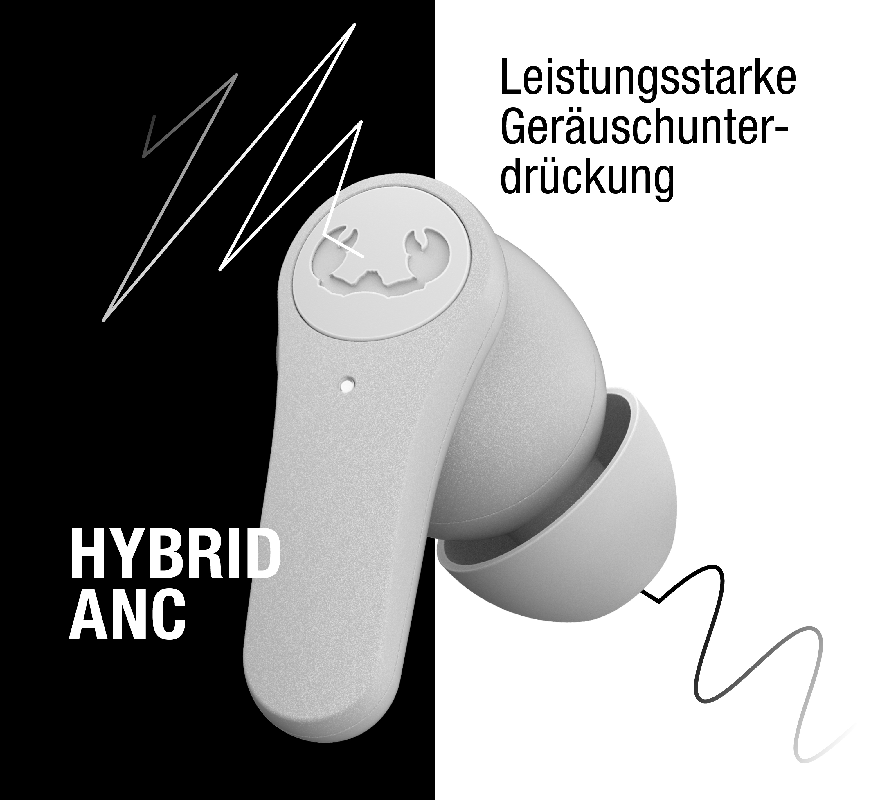 Ein weißer In-Ear-Kopfhörer vor schwarz-weißem Hintergrund mit Text und Wellenlinien.