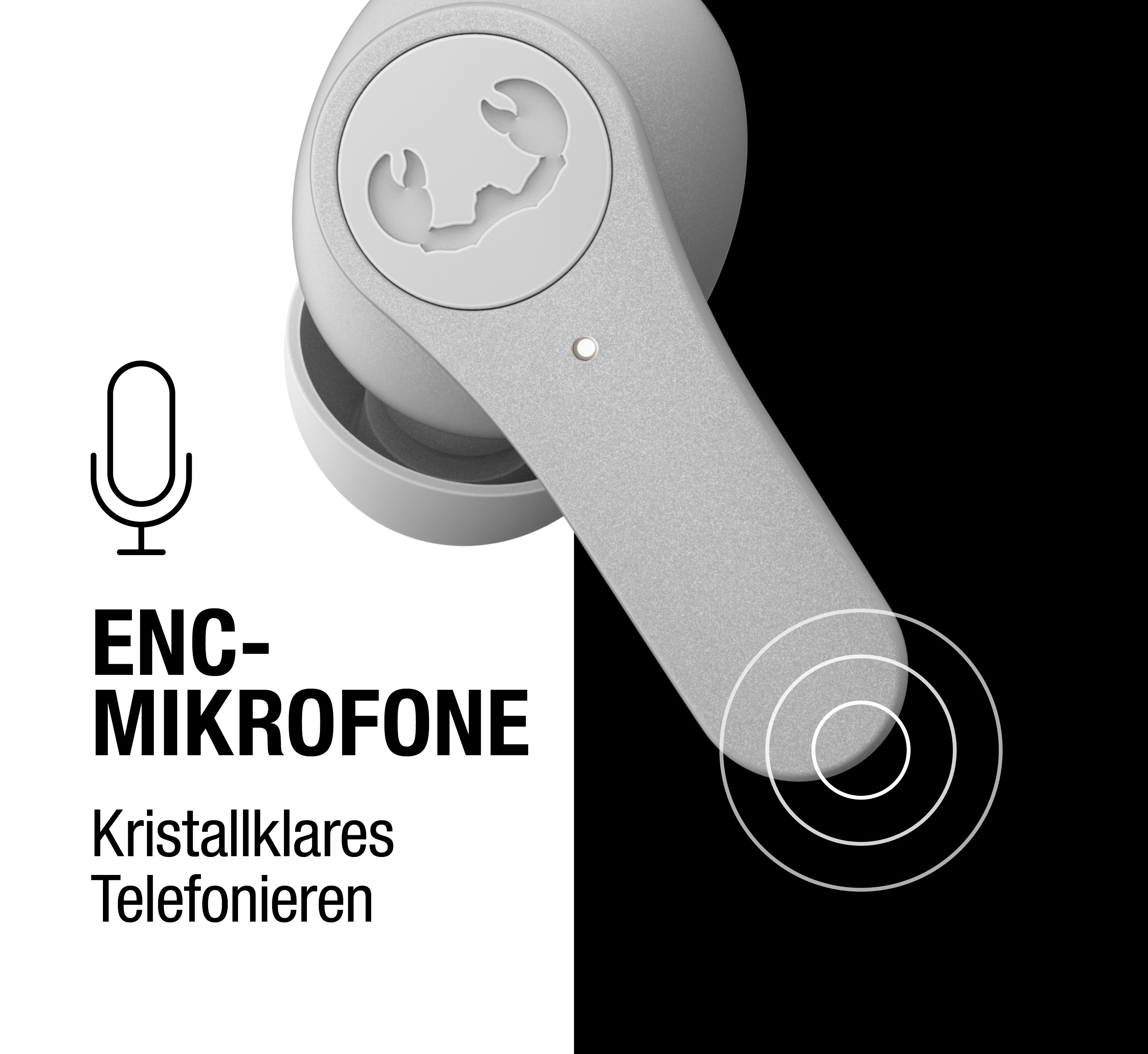 Grauer In-Ear-Kopfhörer vor schwarz-weißem Hintergrund mit Text zu ENC-Mikrofonen.