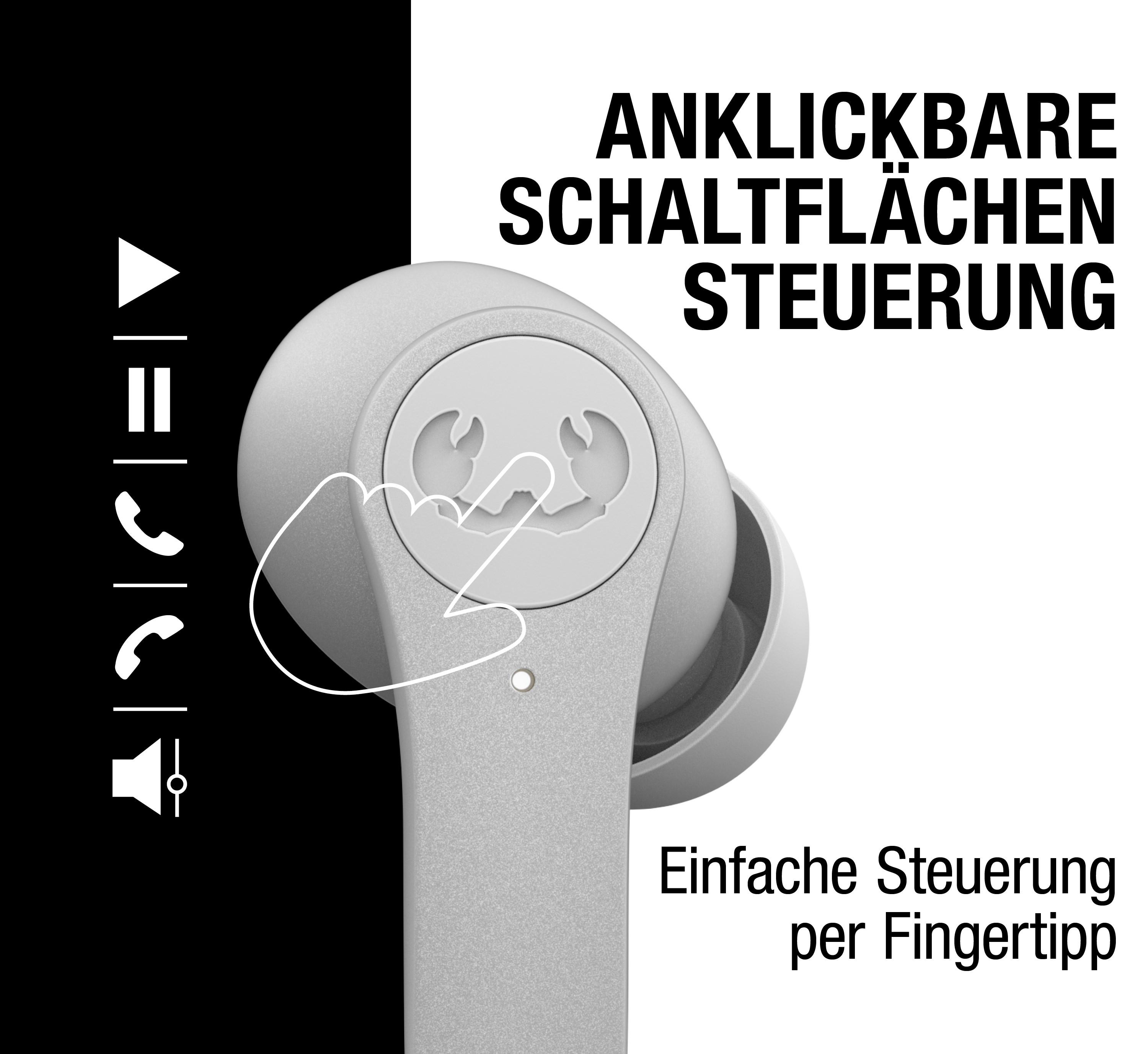Grauer Ohrhörer mit Touch-Steuerung, Symbolen und Text in Schwarz-Weiß.