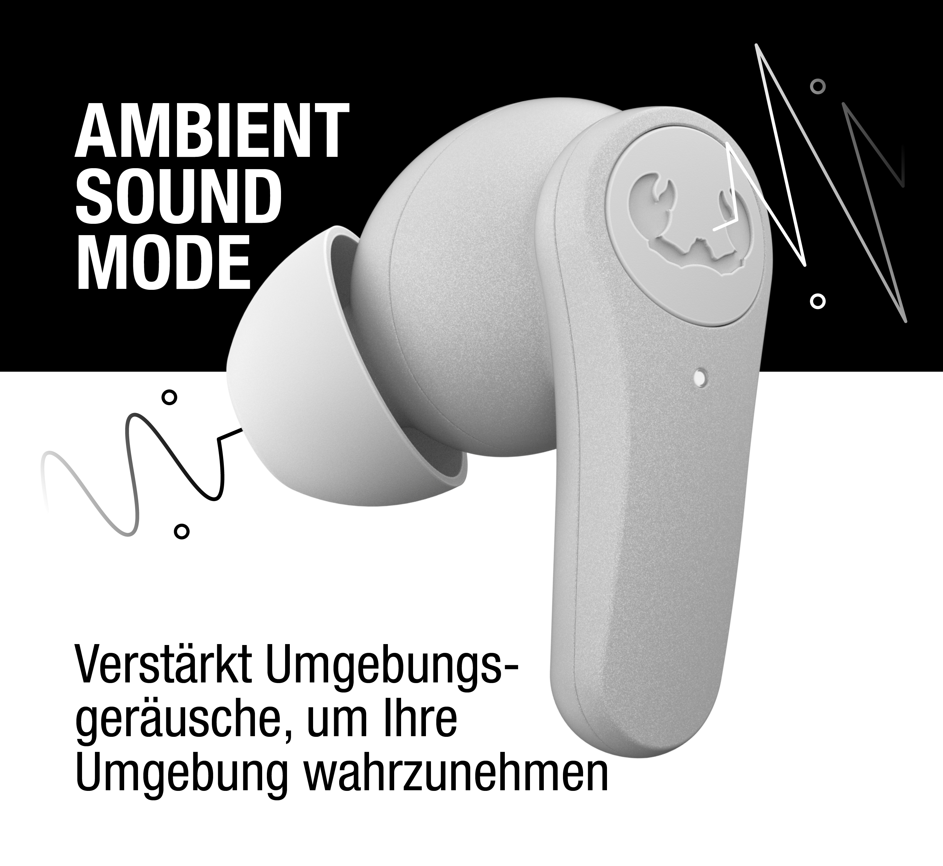 Ein weißer In-Ear-Kopfhörer mit Ambient-Sound-Modus Text und Wellenlinien.