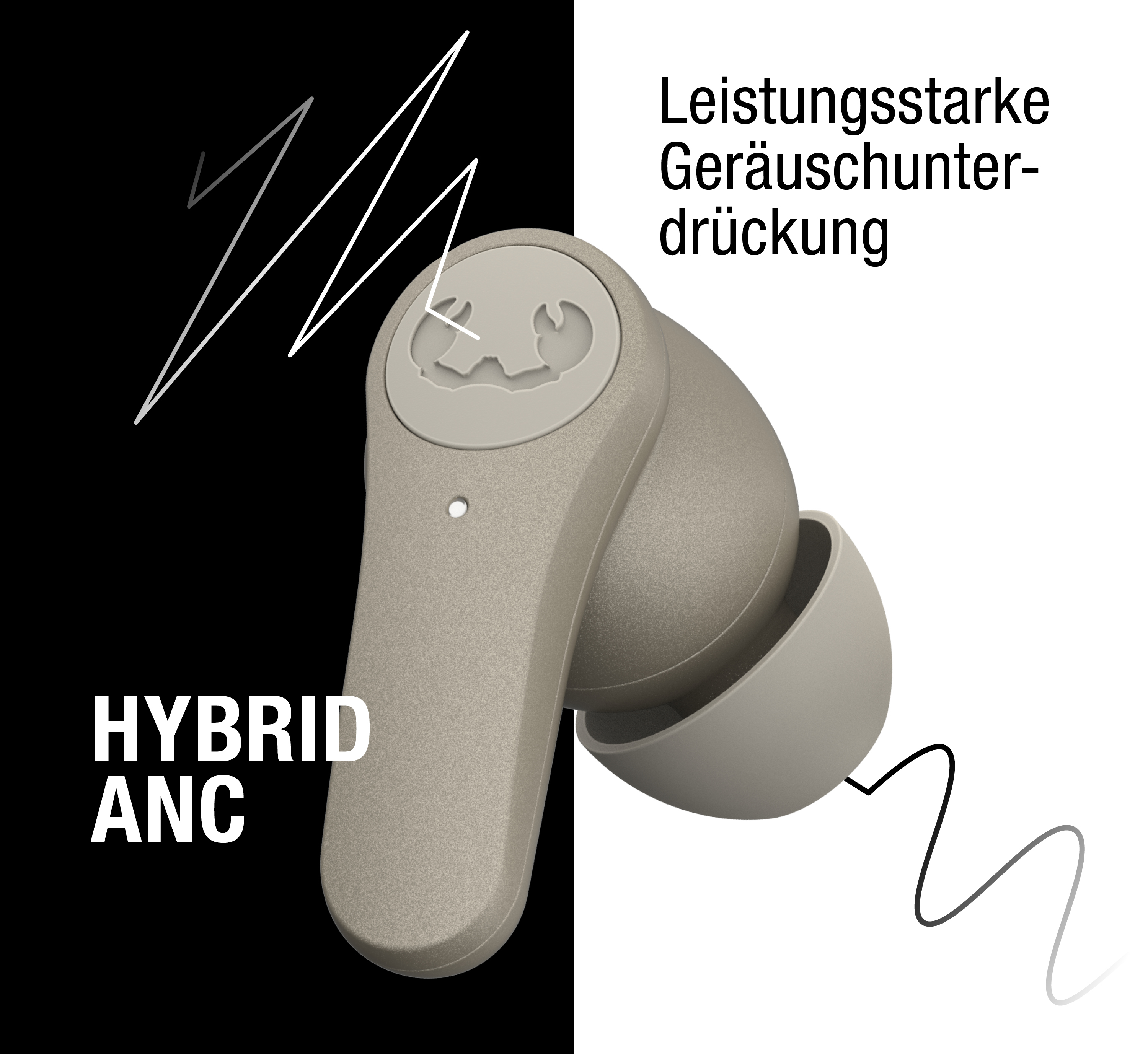 Beige In-Ear-Kopfhörer vor schwarz-weißem Hintergrund mit Text und Linien.