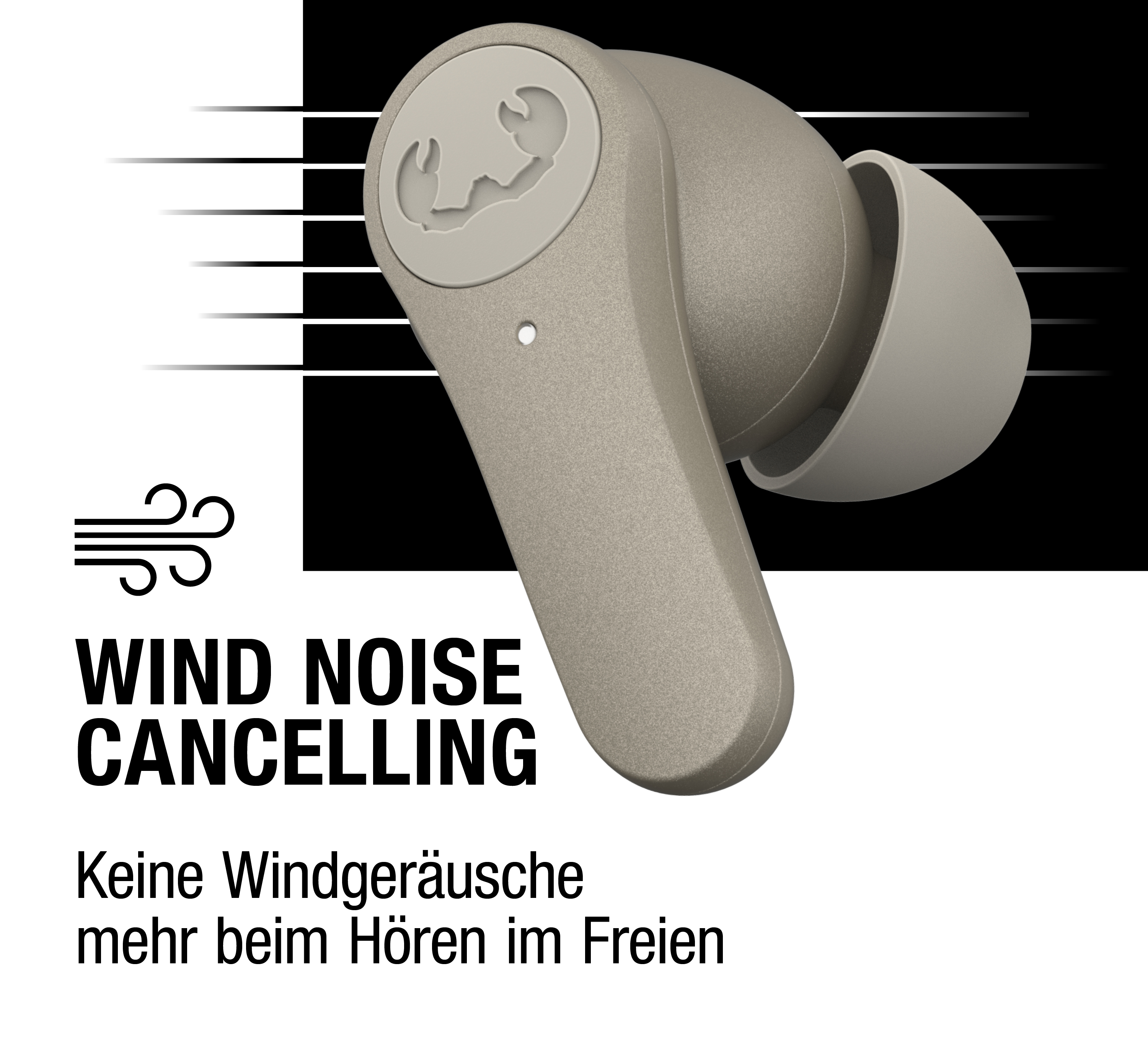 Beige In-Ear-Kopfhörer mit Windgeräuschunterdrückung vor schwarz-weißem Hintergrund.
