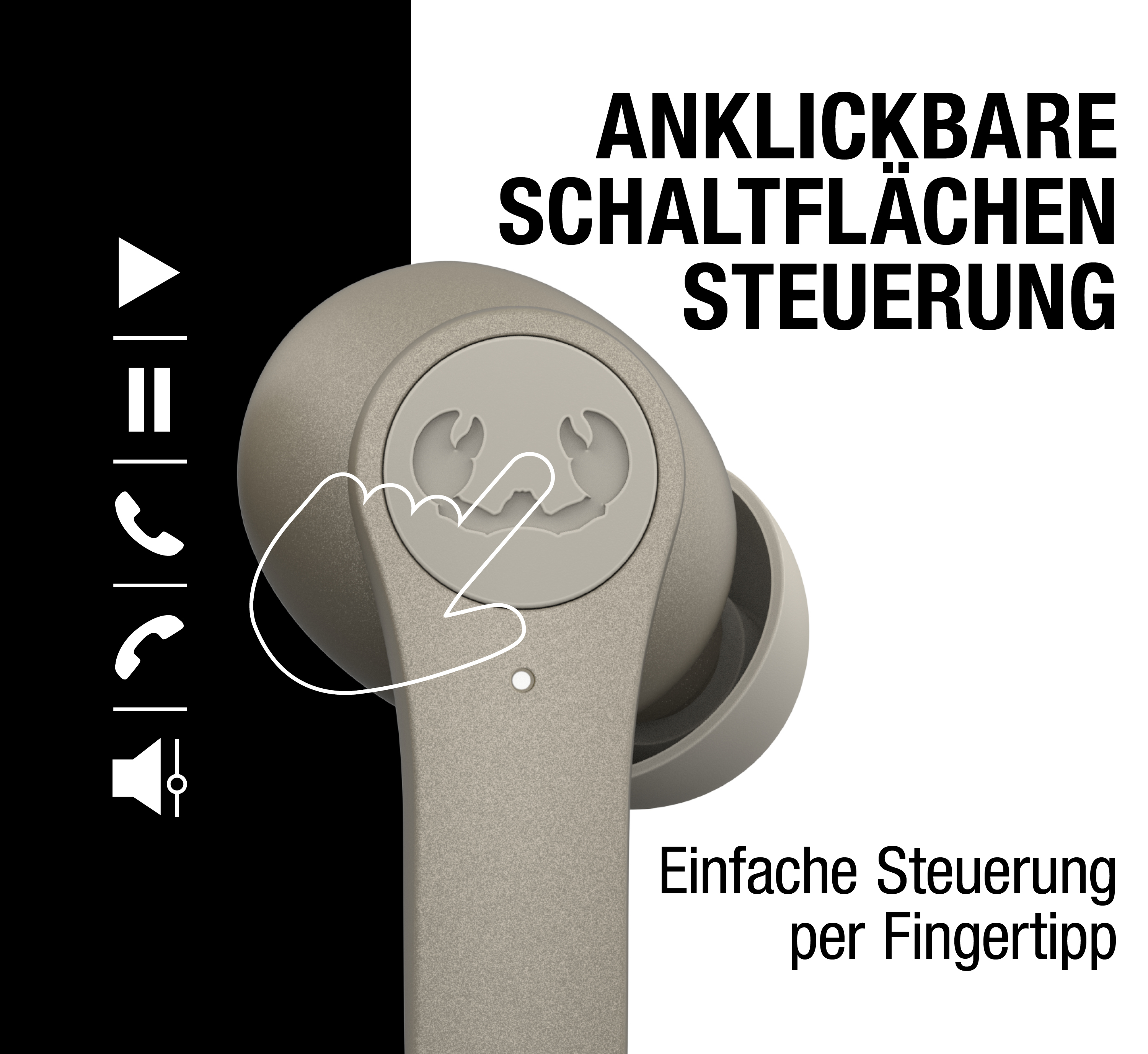 Ein grauer Ohrhörer mit Touch-Steuerung, Text auf Deutsch und deutscher Benutzeroberfläche.