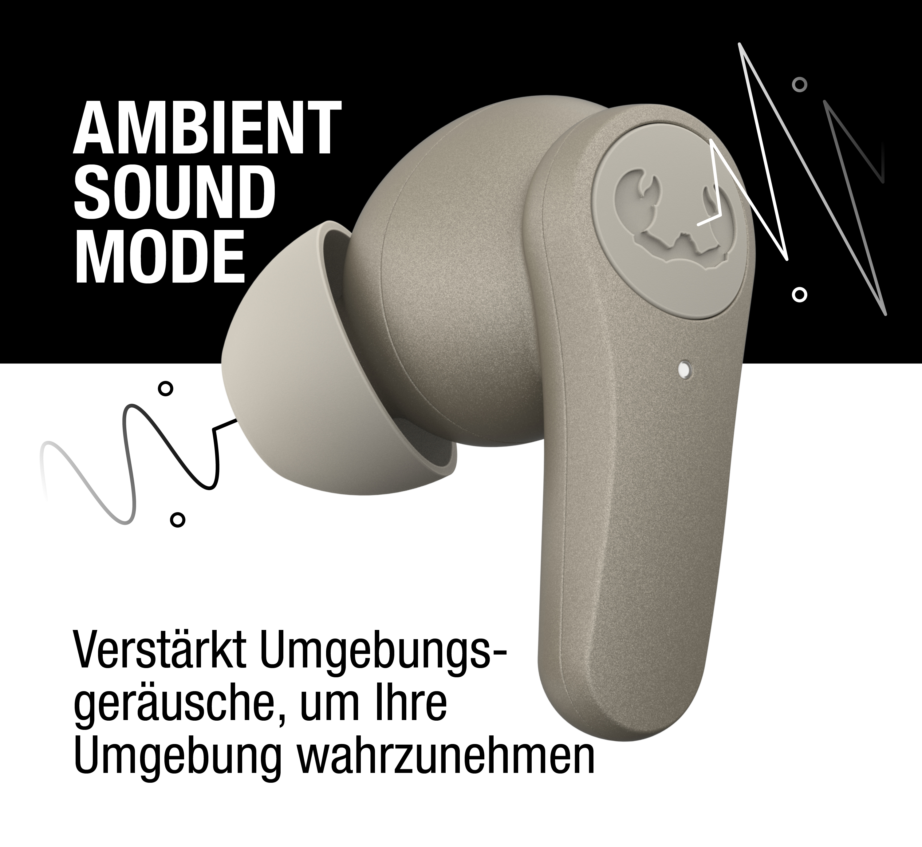 Ein beiger In-Ear-Kopfhörer mit Ambient Sound Mode, Text und grafischen Wellenlinien.