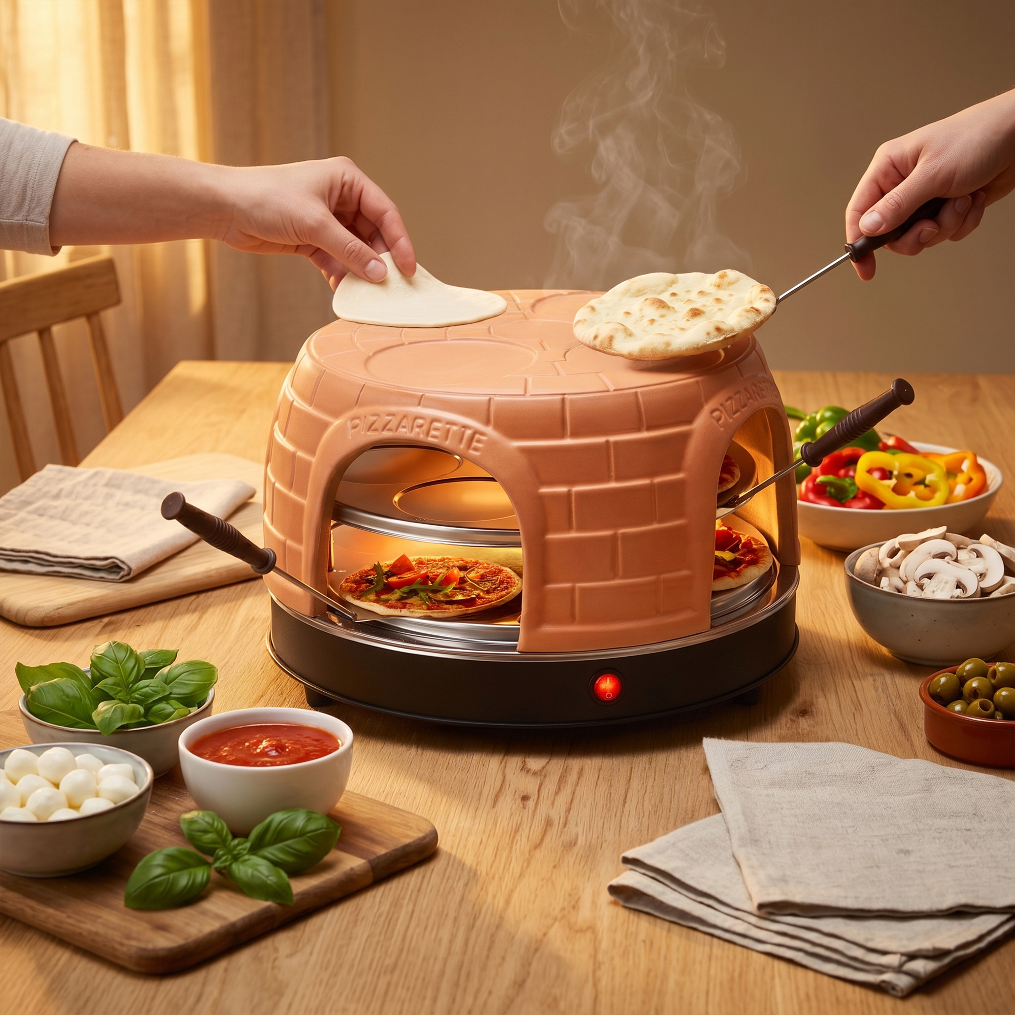 Personen bereiten Mini-Pizzen in einem terracottafarbenen Elektroofen auf einem Holztisch zu.