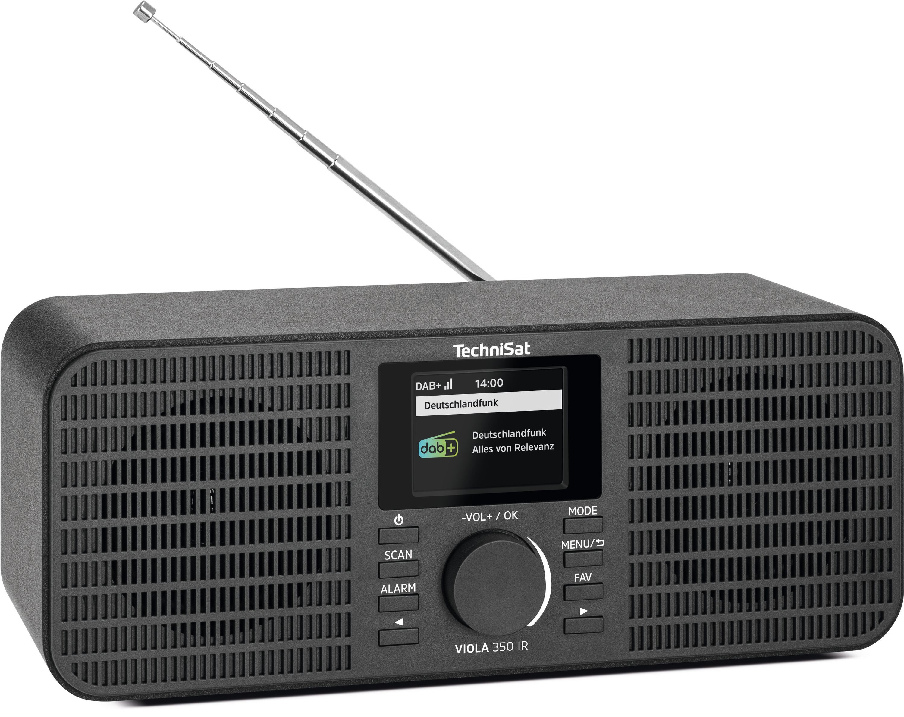 Ein schwarzes TechniSat Radio mit digitalem Display, Tasten, Drehregler und einer ausziehbaren Antenne.