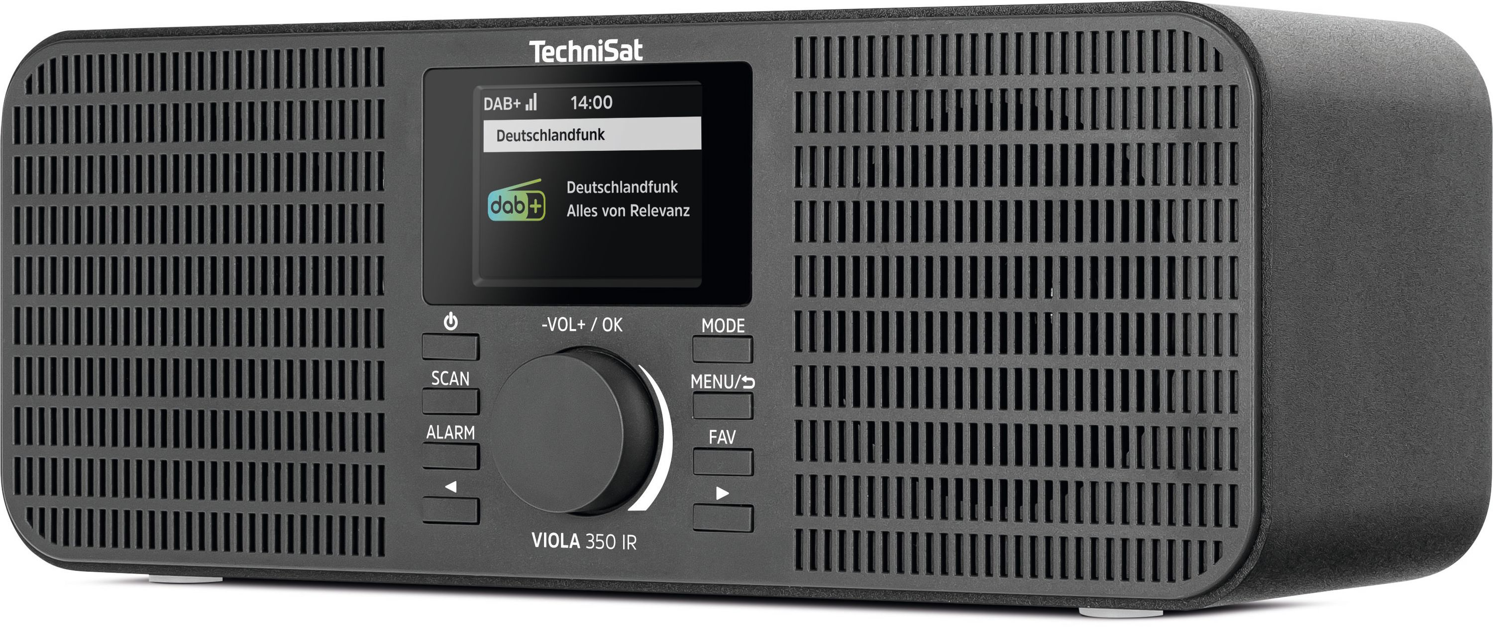 Schwarzes TechniSat Digitalradio mit Display, zentralem Drehregler und vertikalen Lautsprechergittern.