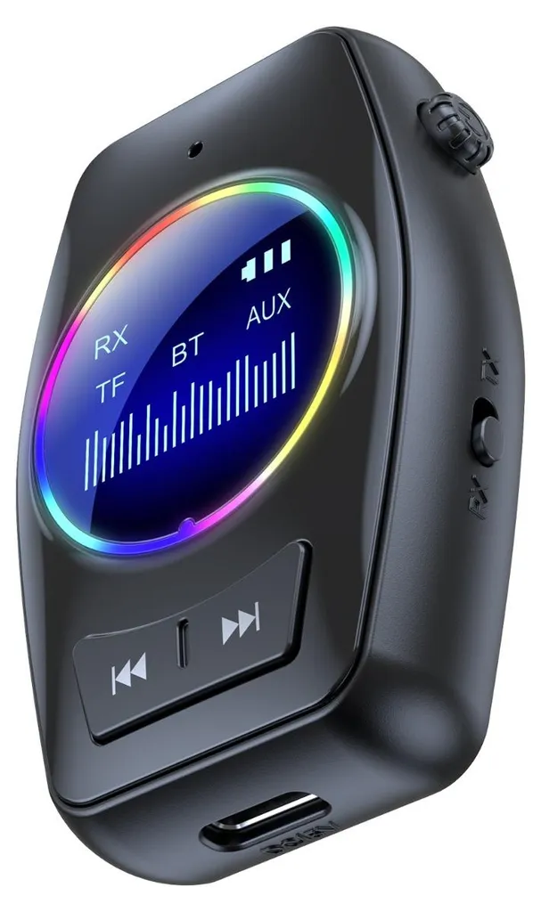 Schwarzer Bluetooth-Audio-Empfänger mit digitalem Display und RGB-Lichtring.