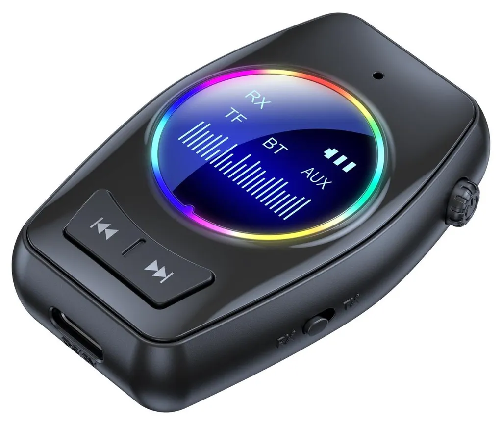 Schwarzes Bluetooth-Audio-Empfängergerät mit rundem Farbdisplay und Wiedergabetasten.