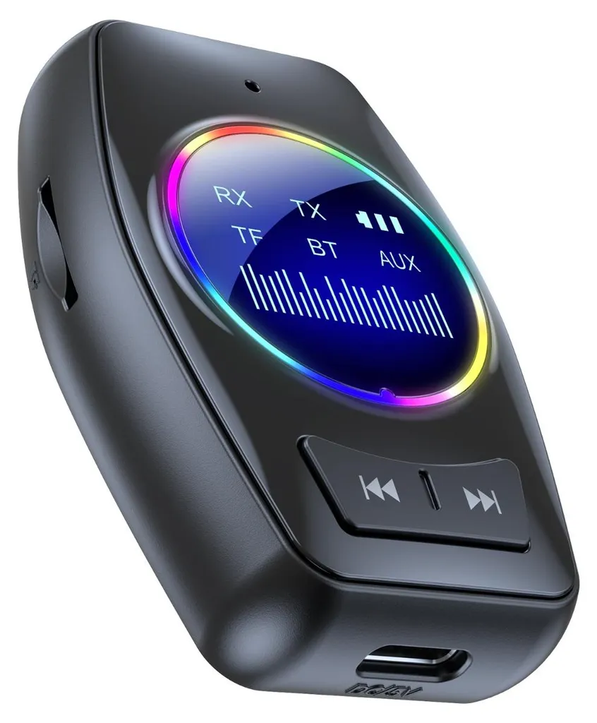 Schwarzer Bluetooth-Audioadapter mit rundem RGB-Display und Tasten.