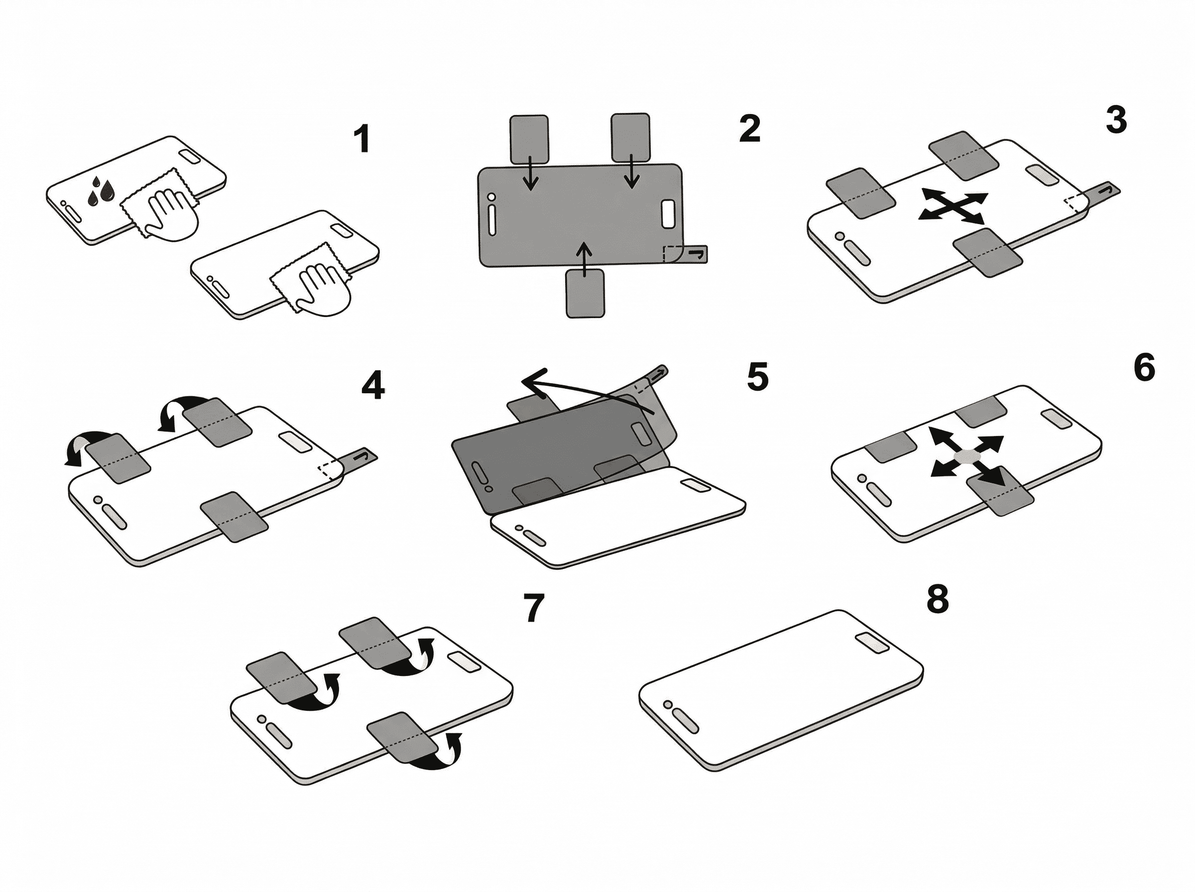Ośmioetapowy diagram instruktażowy naklejania folii ochronnej na ekran smartfona.