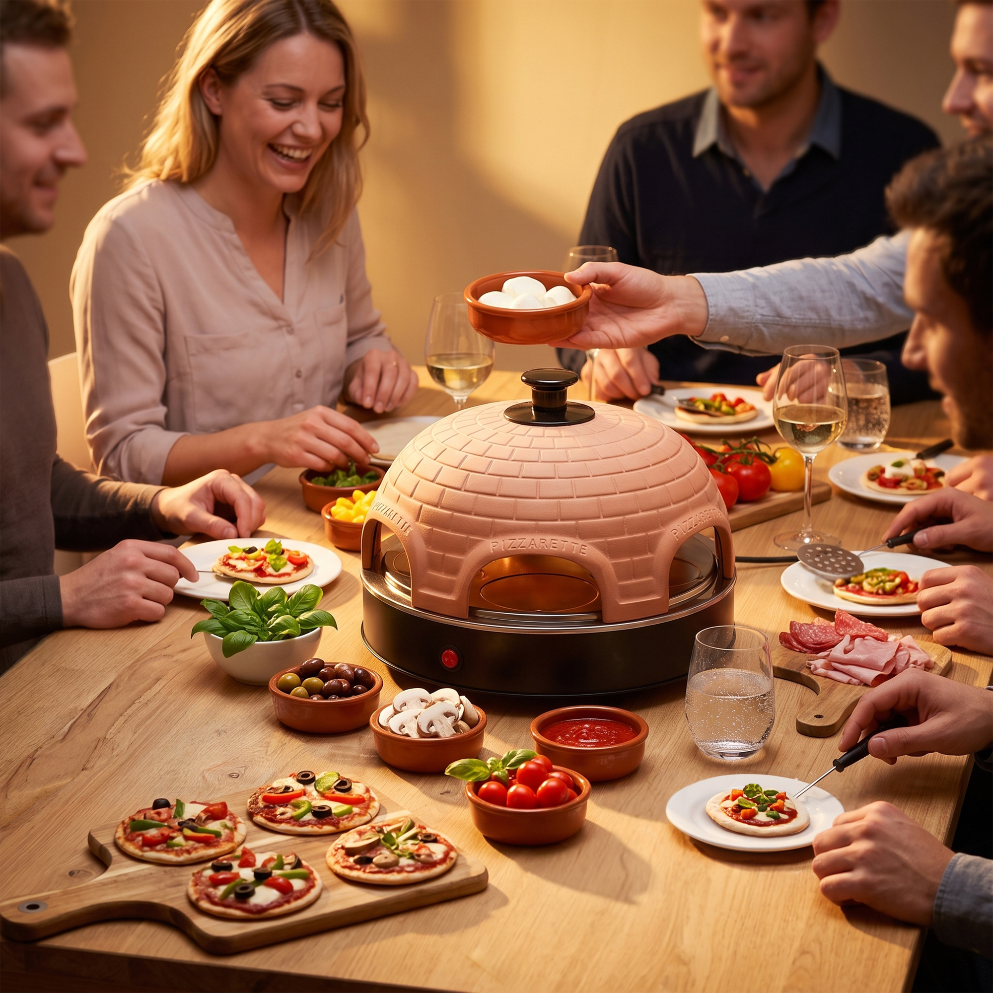 Freunde versammeln sich um einen Tisch, um kleine Pizzen mit einem Terrakotta-Pizzarette-Ofen zu backen.