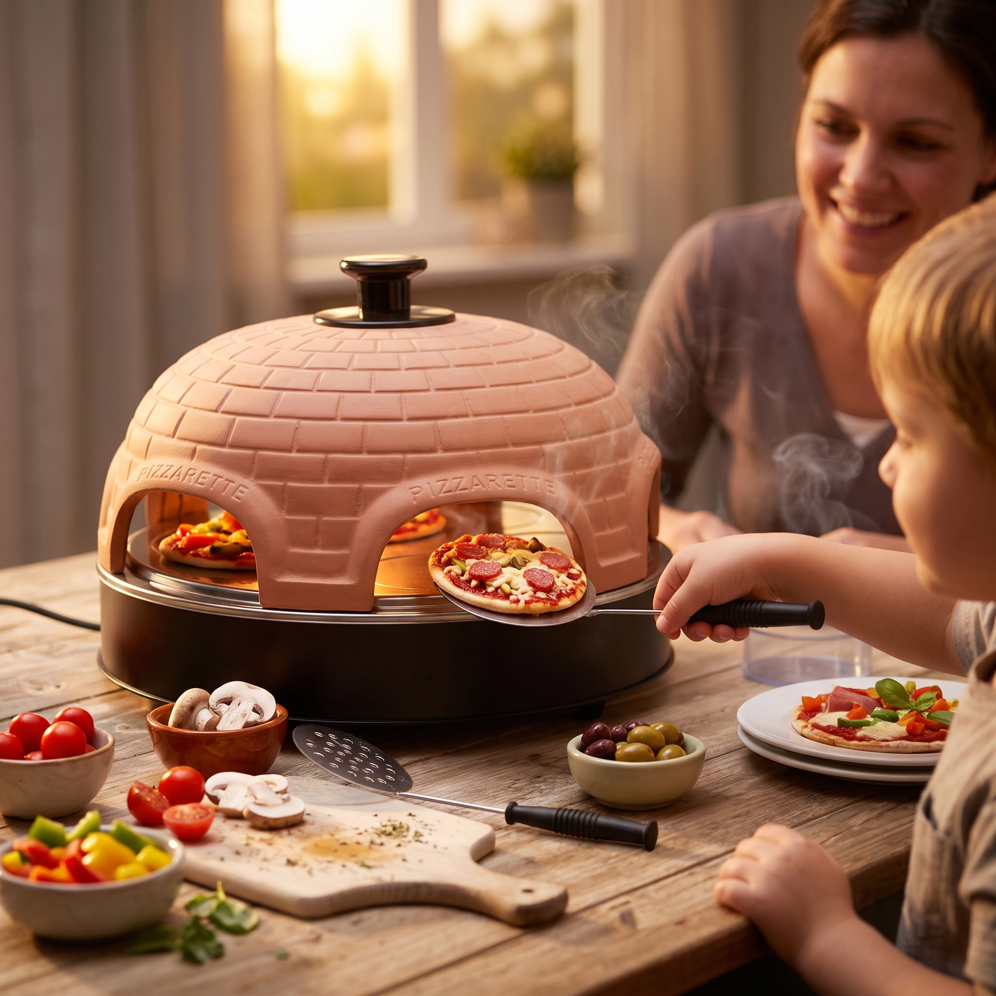 Ein Kind backt mit einer Pizzaette kleine Pizzen, beobachtet von einer Frau in einer Küche.