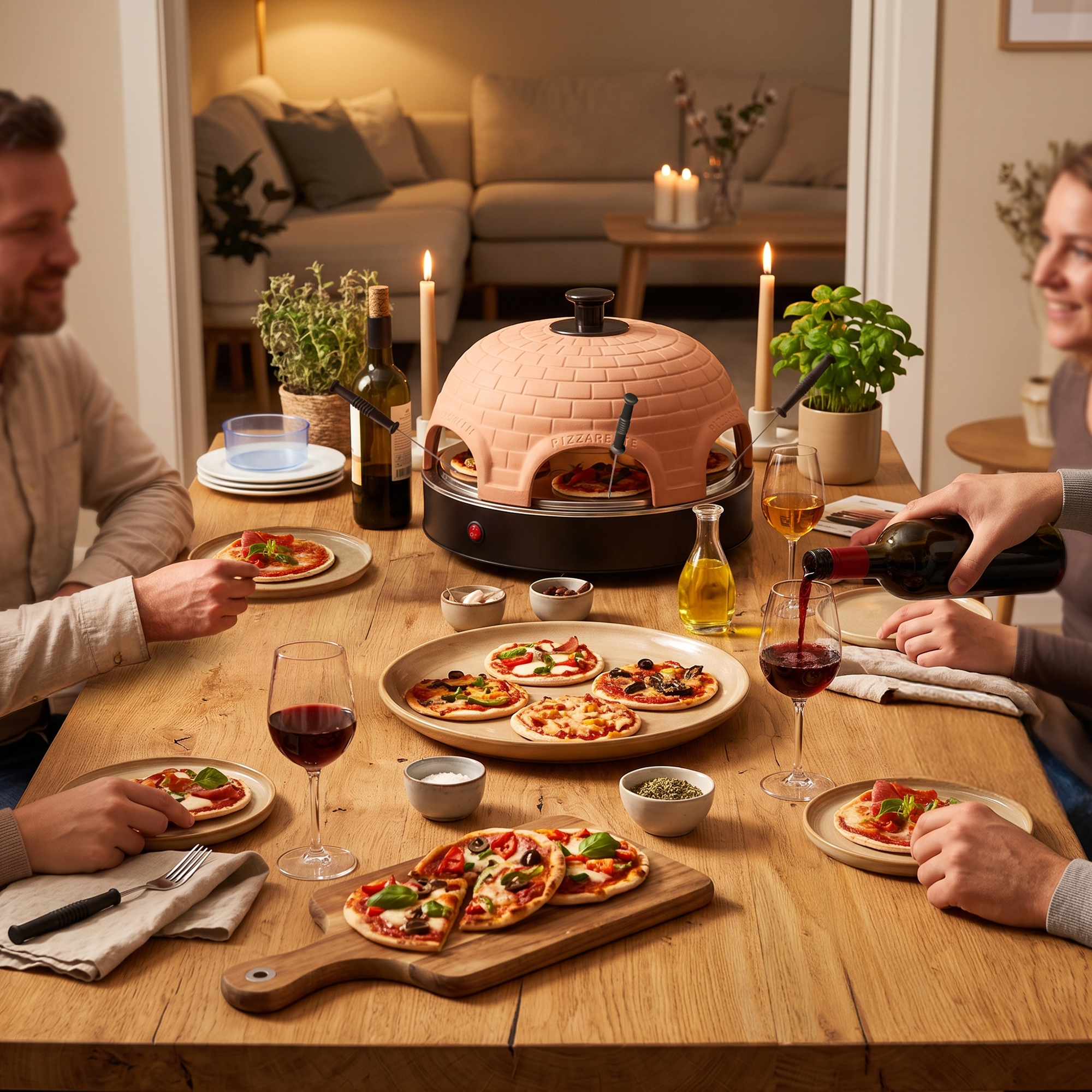 Freunde essen Mini-Pizzen von einem Tischgrill, trinken Wein und lächeln.