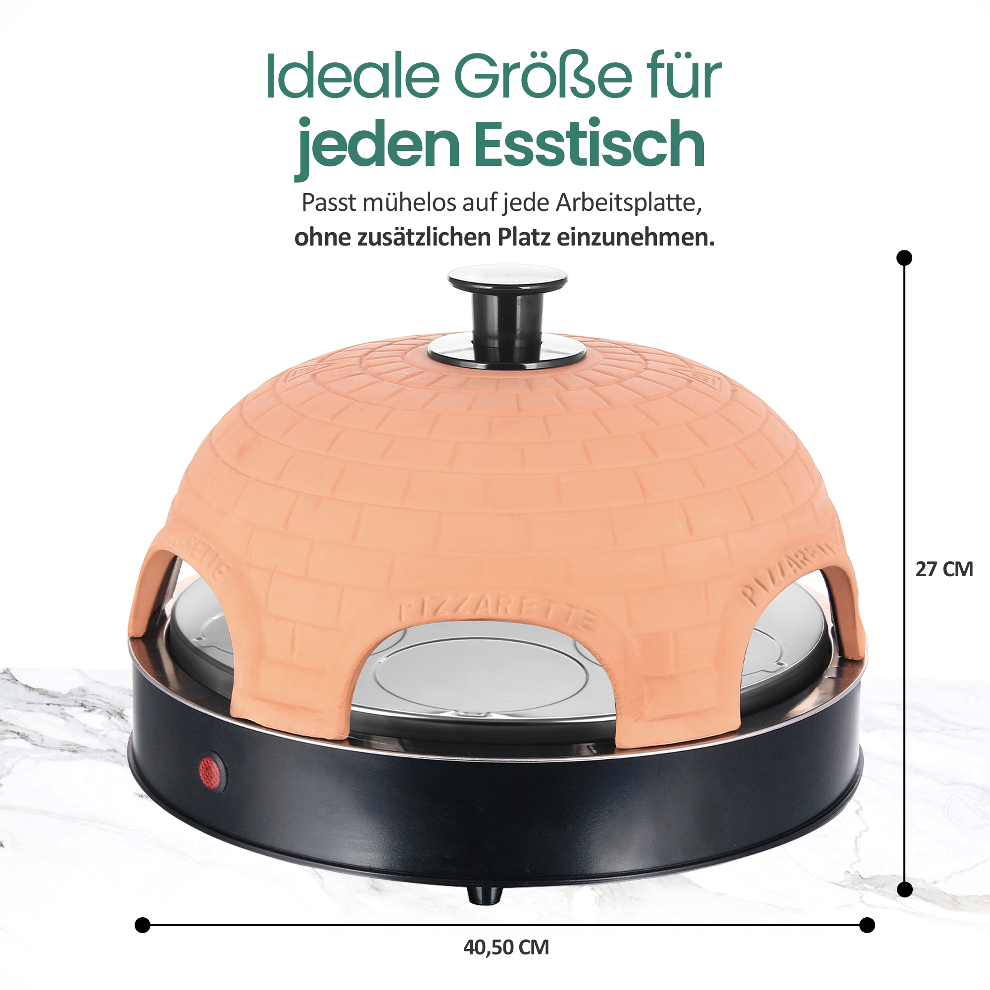 Terrakotta-Pizzaofen mit schwarzem Sockel und Griff, Maße 40,5 cm breit und 27 cm hoch.