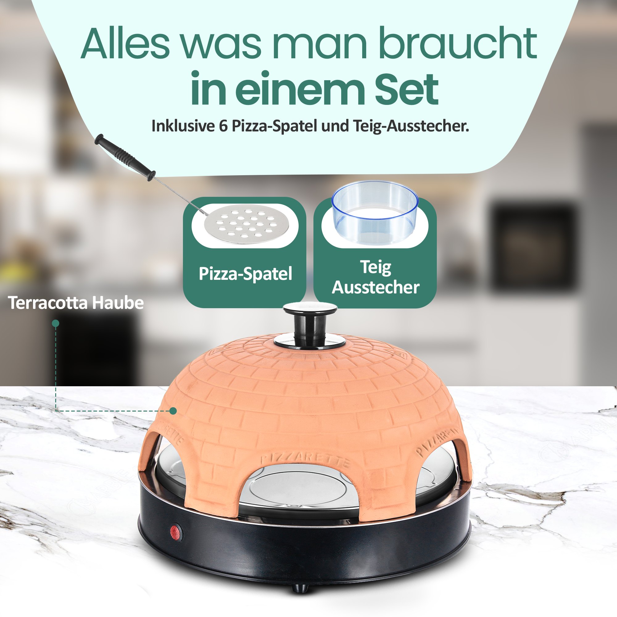 Ein Pizzarette-Ofen mit terracottafarbener Haube auf einer Marmorarbeitsplatte, inklusive Zubehör.