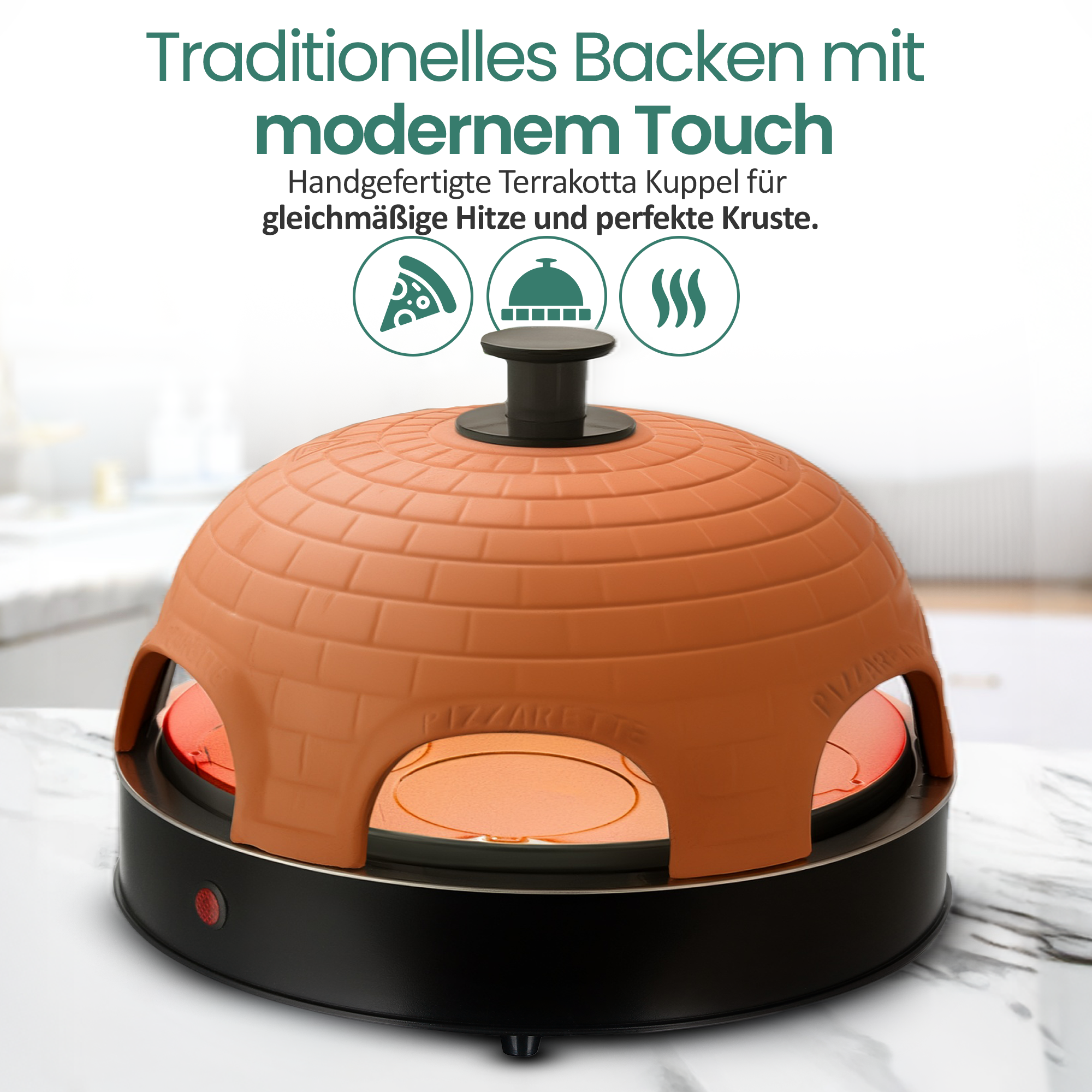 Ein tragbarer Pizzaofen mit terracottafarbener Kuppel auf einer Marmorarbeitsplatte.