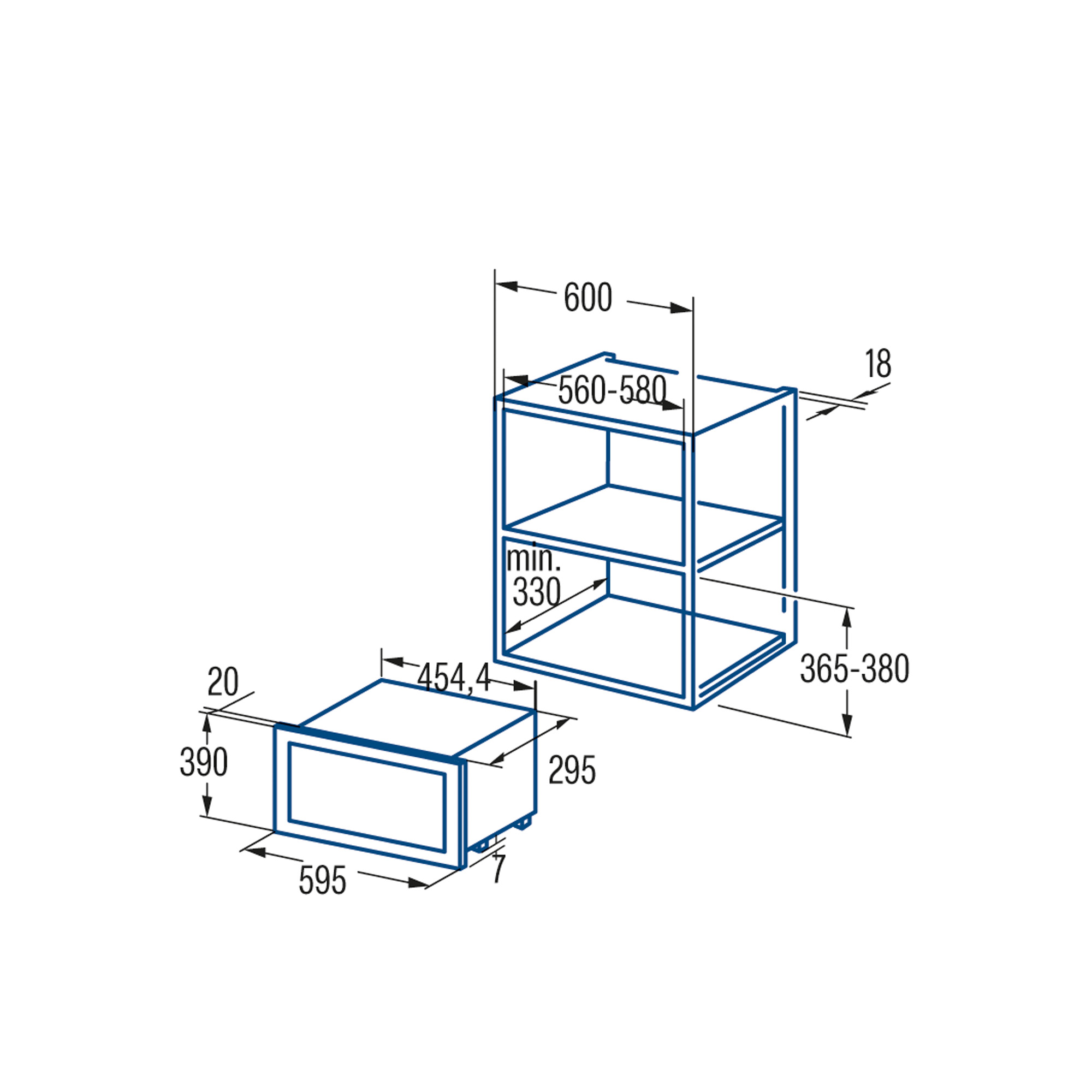Dibujo técnico de un mueble con dimensiones en contorno azul sobre fondo blanco.