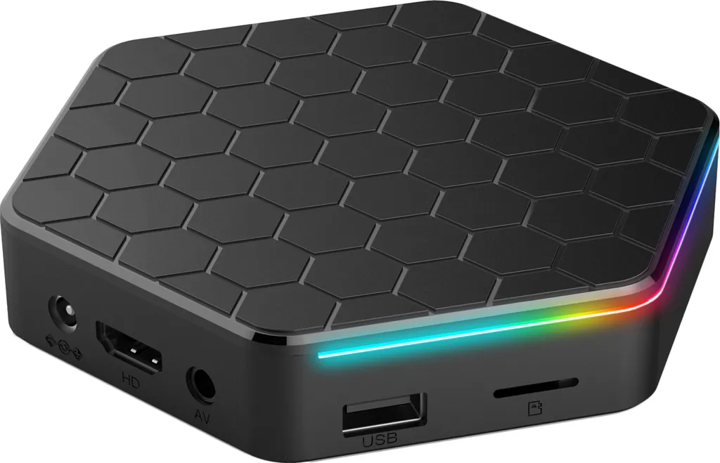 Schwarze, hexagonale TV-Box mit wabenartiger Oberseite und bunten LED-Streifen.