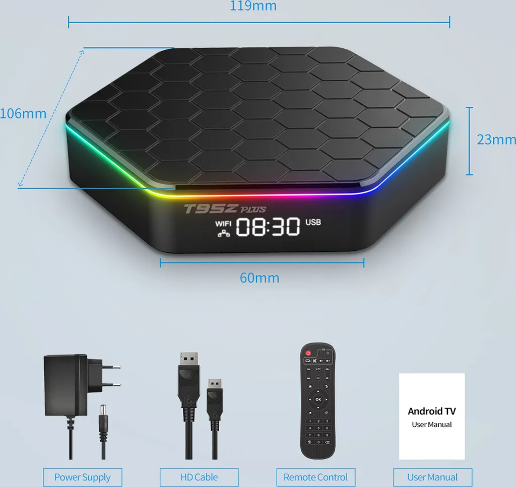 Sechseckige Android TV Box mit RGB-Beleuchtung und Zubehör wie Netzteil, HD-Kabel, Fernbedienung und Anleitung.