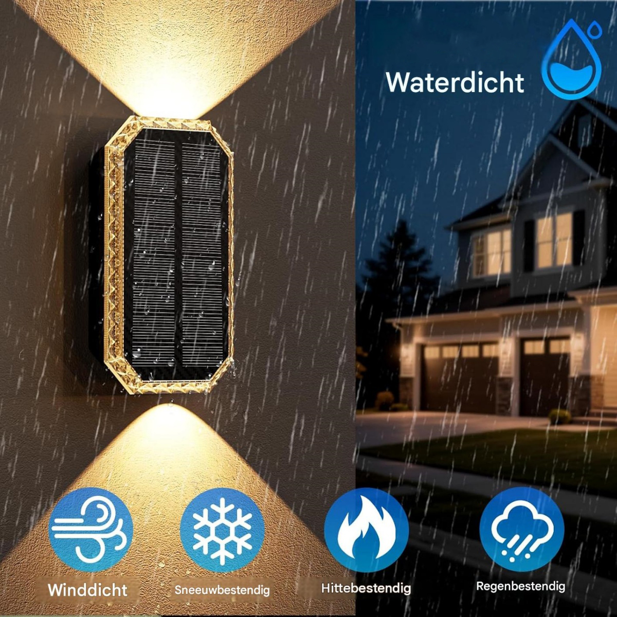 Wasserdichte Solar-Wandleuchte im Regen, mit Symbolen für Wetterbeständigkeit und einem beleuchteten Haus im Hintergrund.