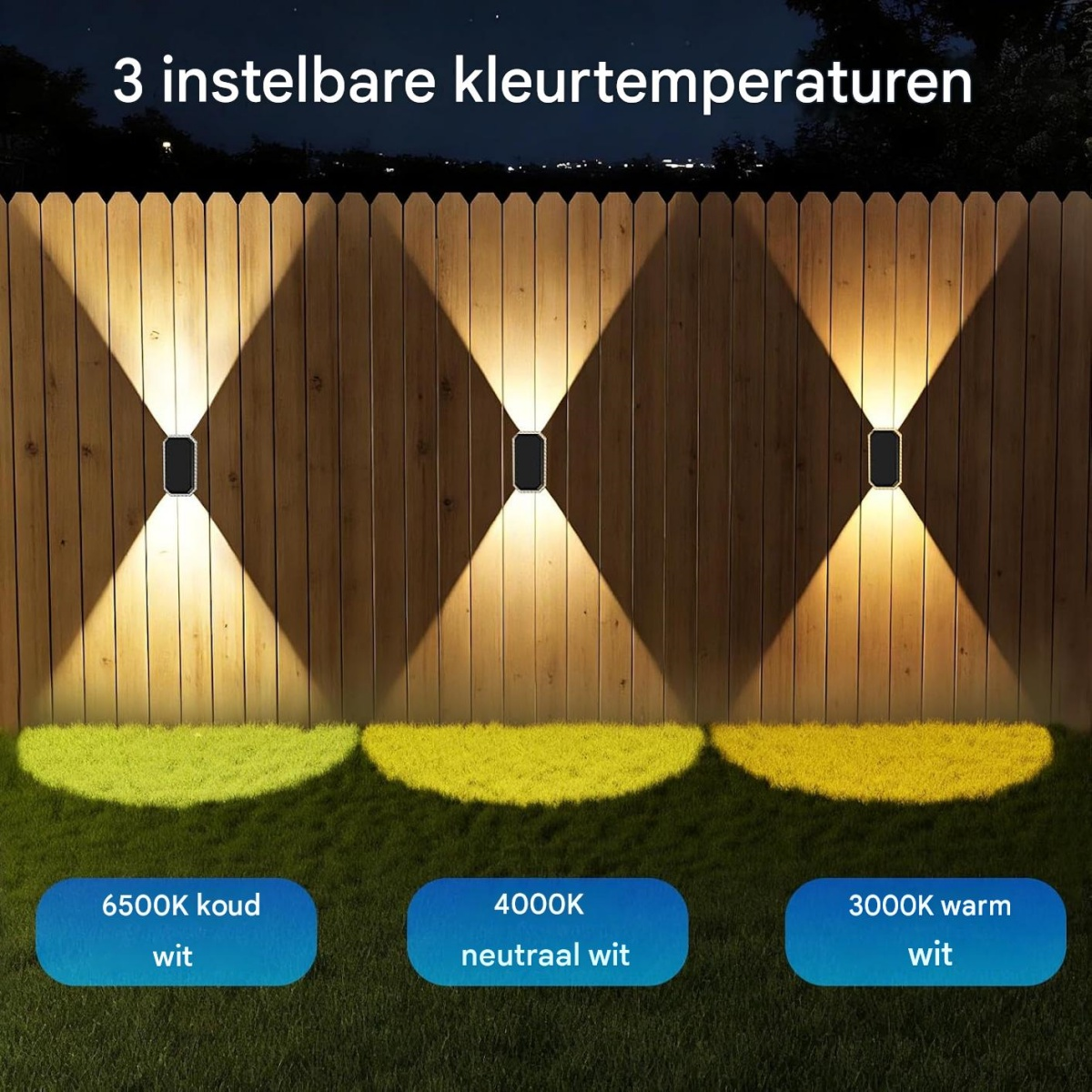 Drei Wandleuchten an einem Holzzaun zeigen verschiedene Lichtfarben von kaltweiß bis warmweiß.