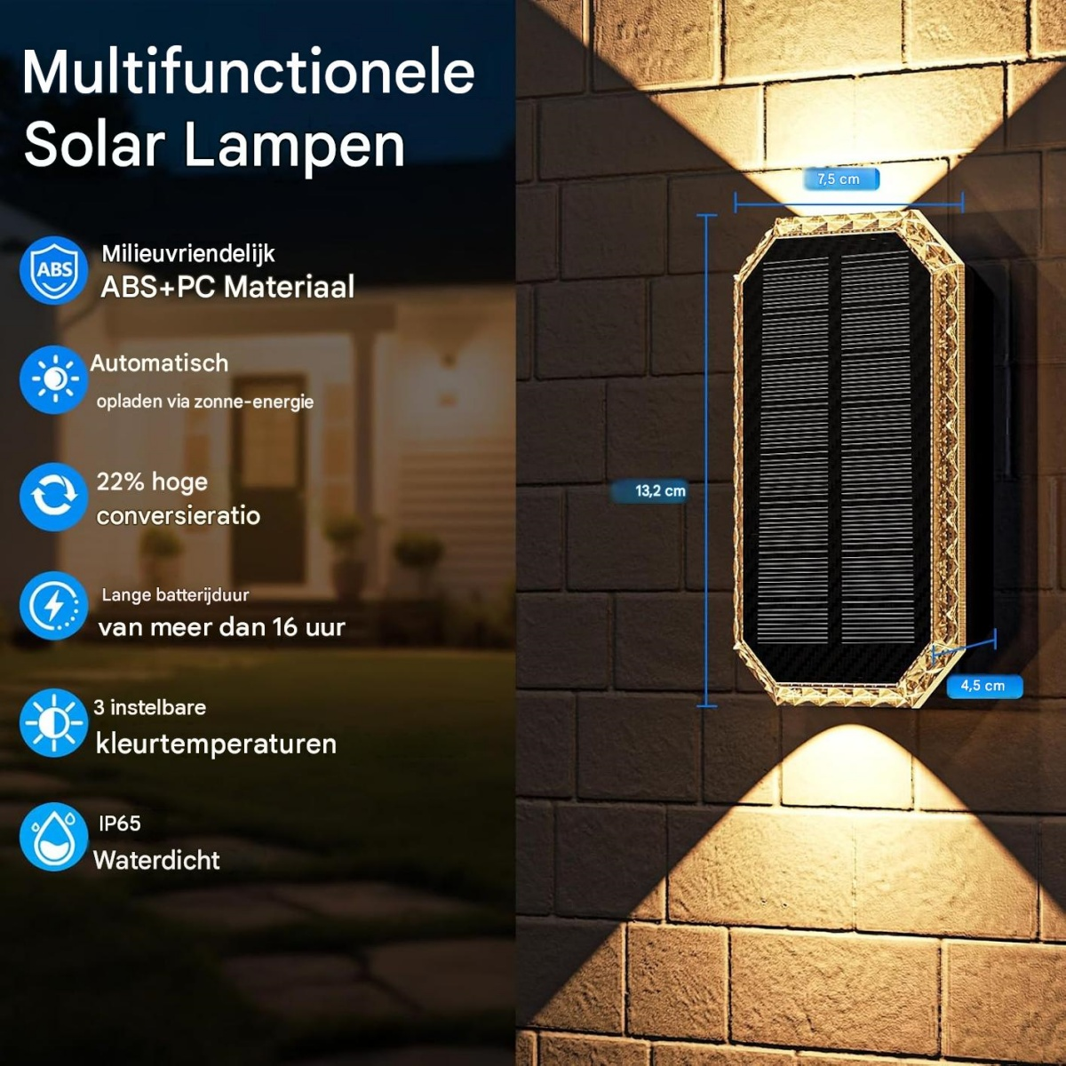 Solar-Wandleuchte an einer Ziegelwand mit Maßen und Produktmerkmalen.