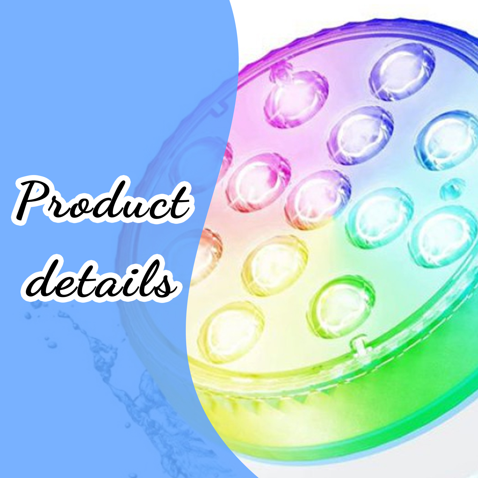 Beleuchtete runde LED-Poolleuchte mit farbigen Lichtern und der Aufschrift Product details.