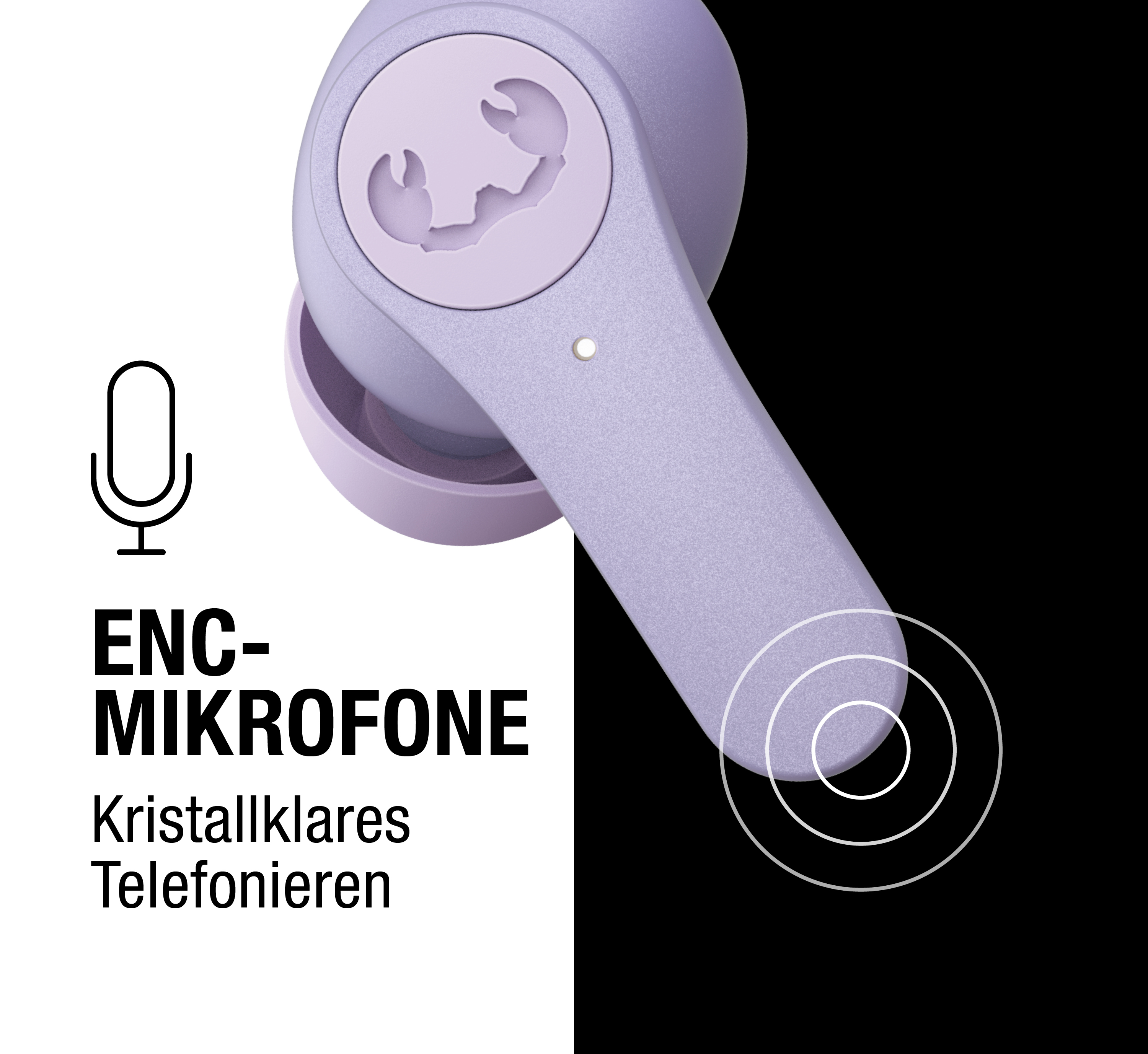 Ein hellvioletter kabelloser Ohrhörer mit Krabbenlogo vor schwarz-weißem Hintergrund mit Mikrofon-Text.