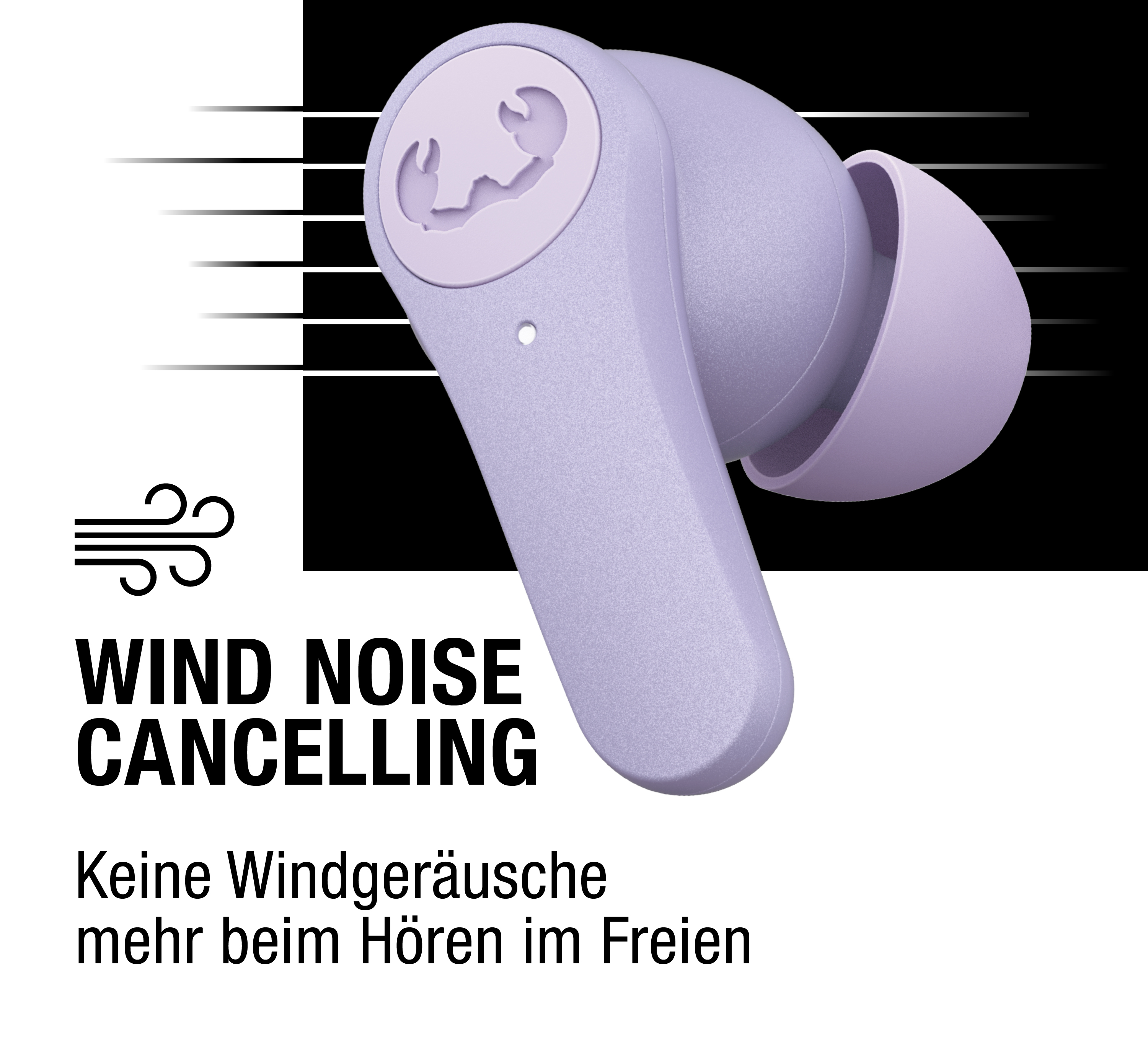 Ein hellvioletter kabelloser Ohrhörer vor schwarz-weißen Hintergrund mit Windgeräuschunterdrückung.
