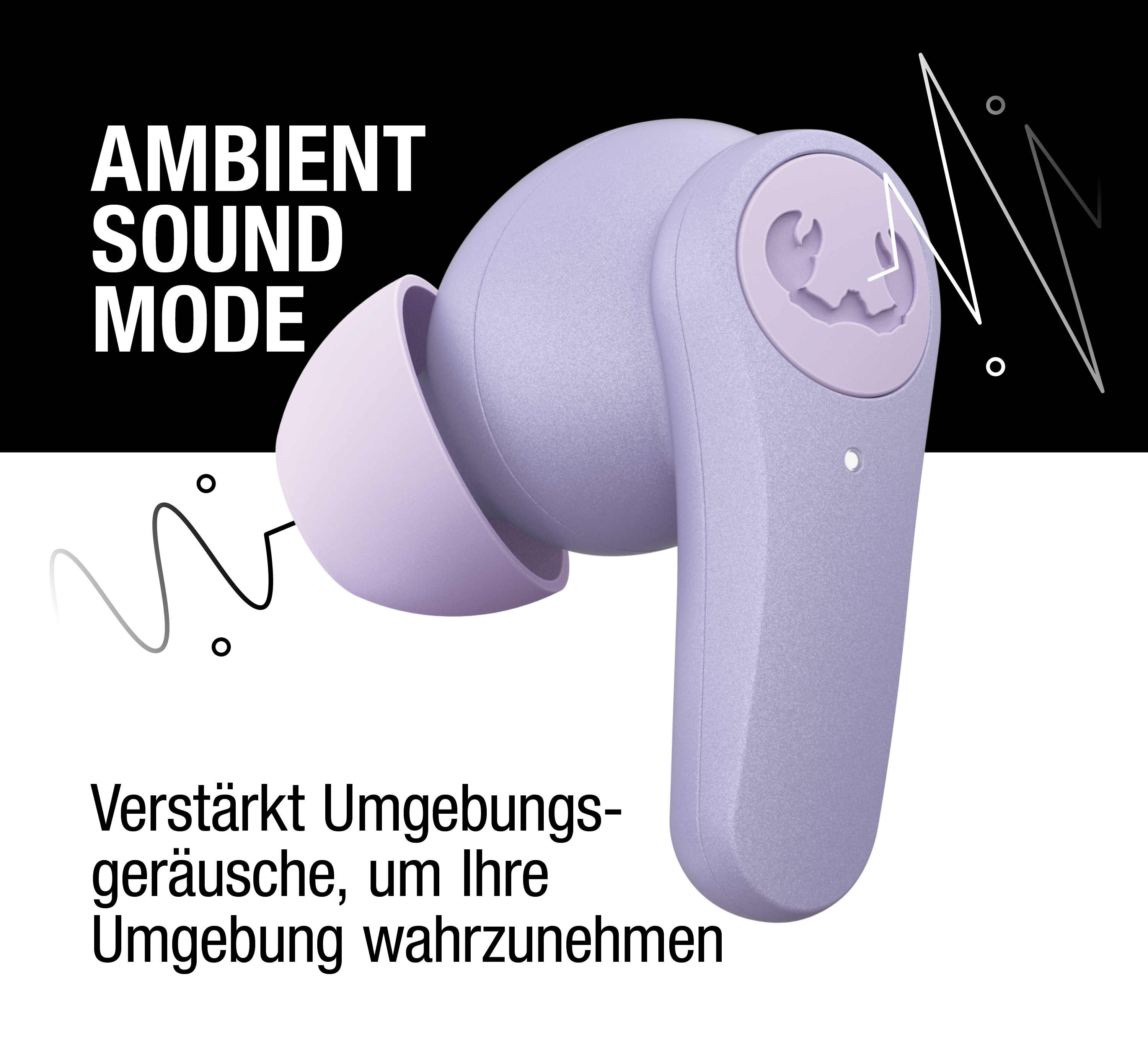 Lila In-Ear-Kopfhörer vor schwarz-weißem Hintergrund mit Text über den Ambient-Sound-Modus.
