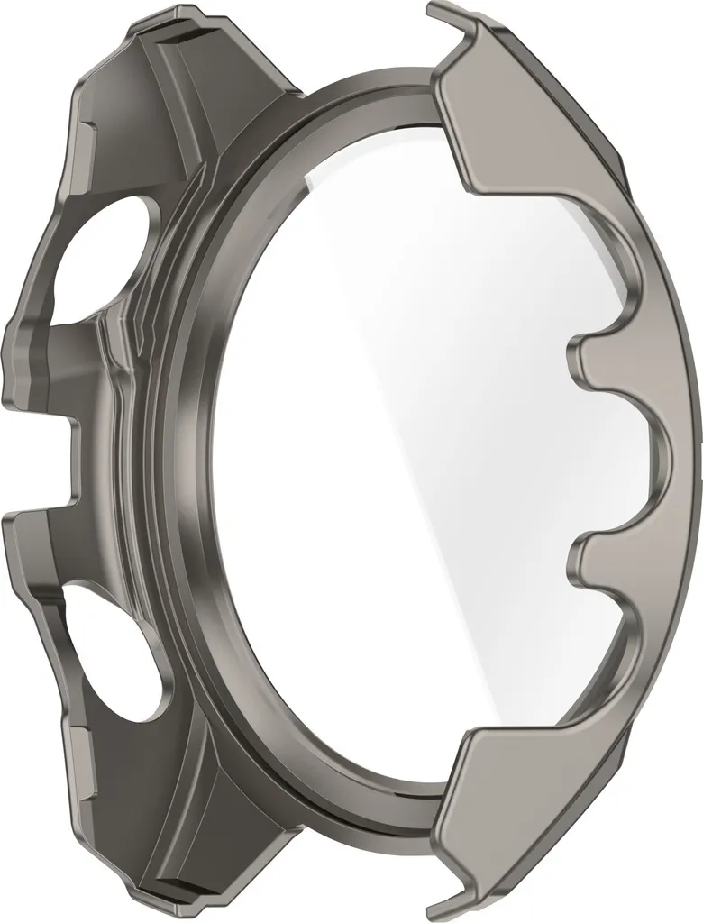 Eine graue Schutzhülle für Smartwatches mit präzisen Aussparungen auf weißem Hintergrund.