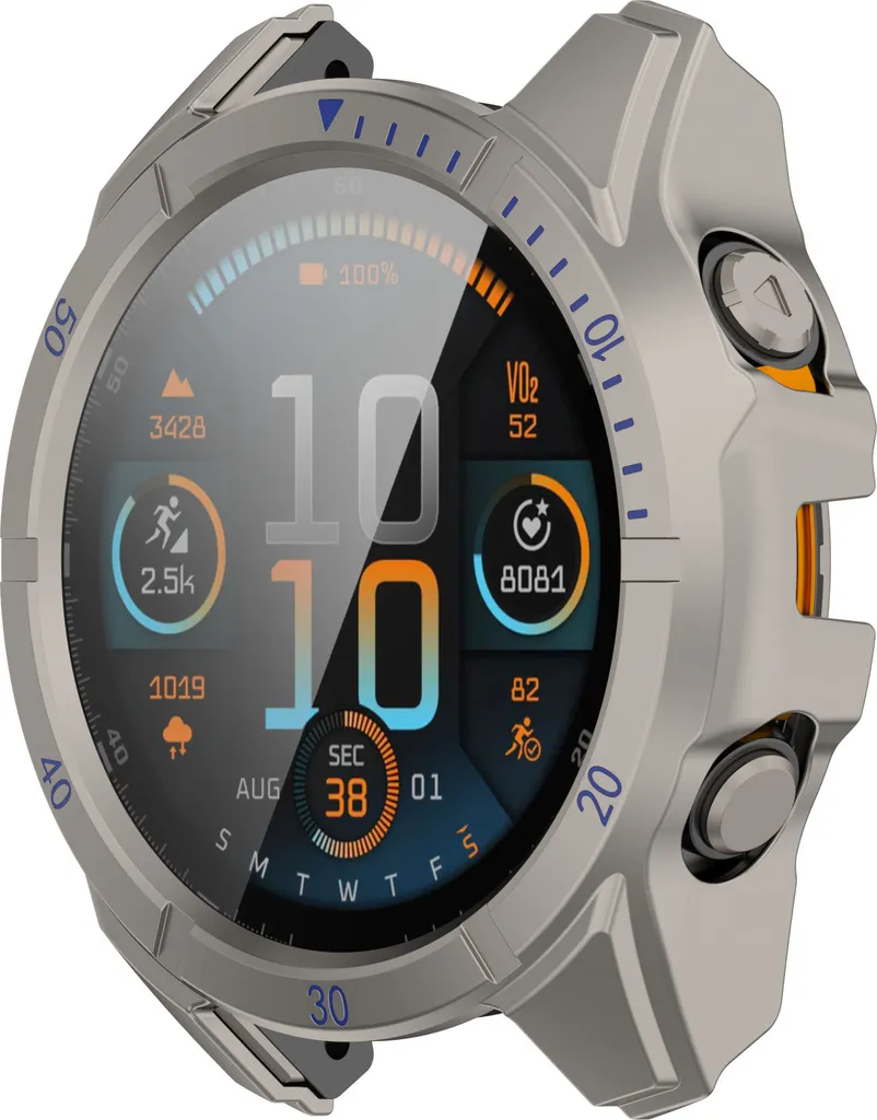 Eine graue Sport-Smartwatch mit digitalem Zifferblatt und orangefarbenen Akzenten.