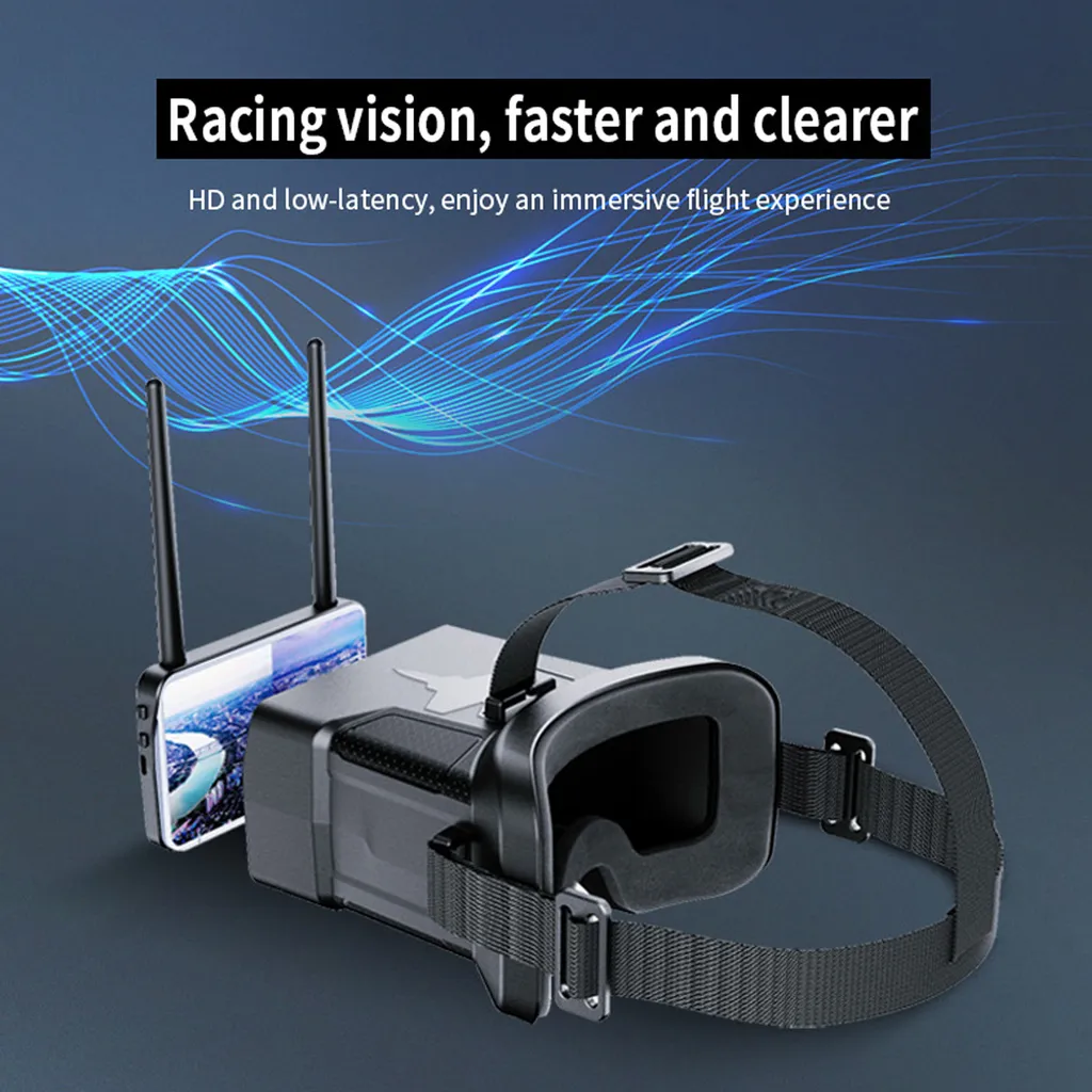 FPV-RACING-Drohnen-Brille mit zwei Antennen, Smartphone-Empfänger und schwarzem Riemen auf blauem Hintergrund.