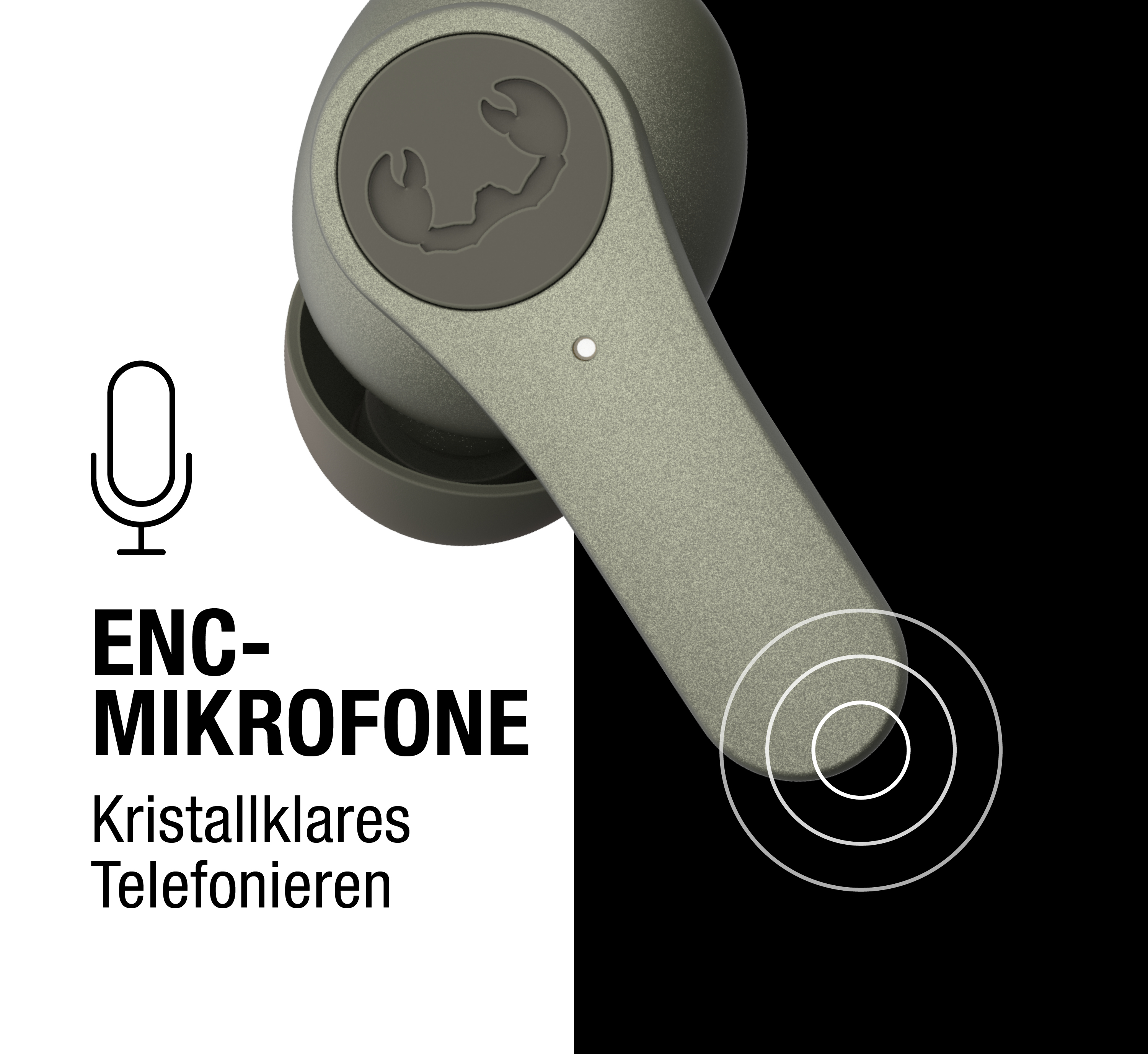 Grüner In-Ear-Kopfhörer mit Mikrofon-Symbol, Text ENC-MIKROFONE und Kristallklares Telefonieren auf schwarz-weißem Grund.