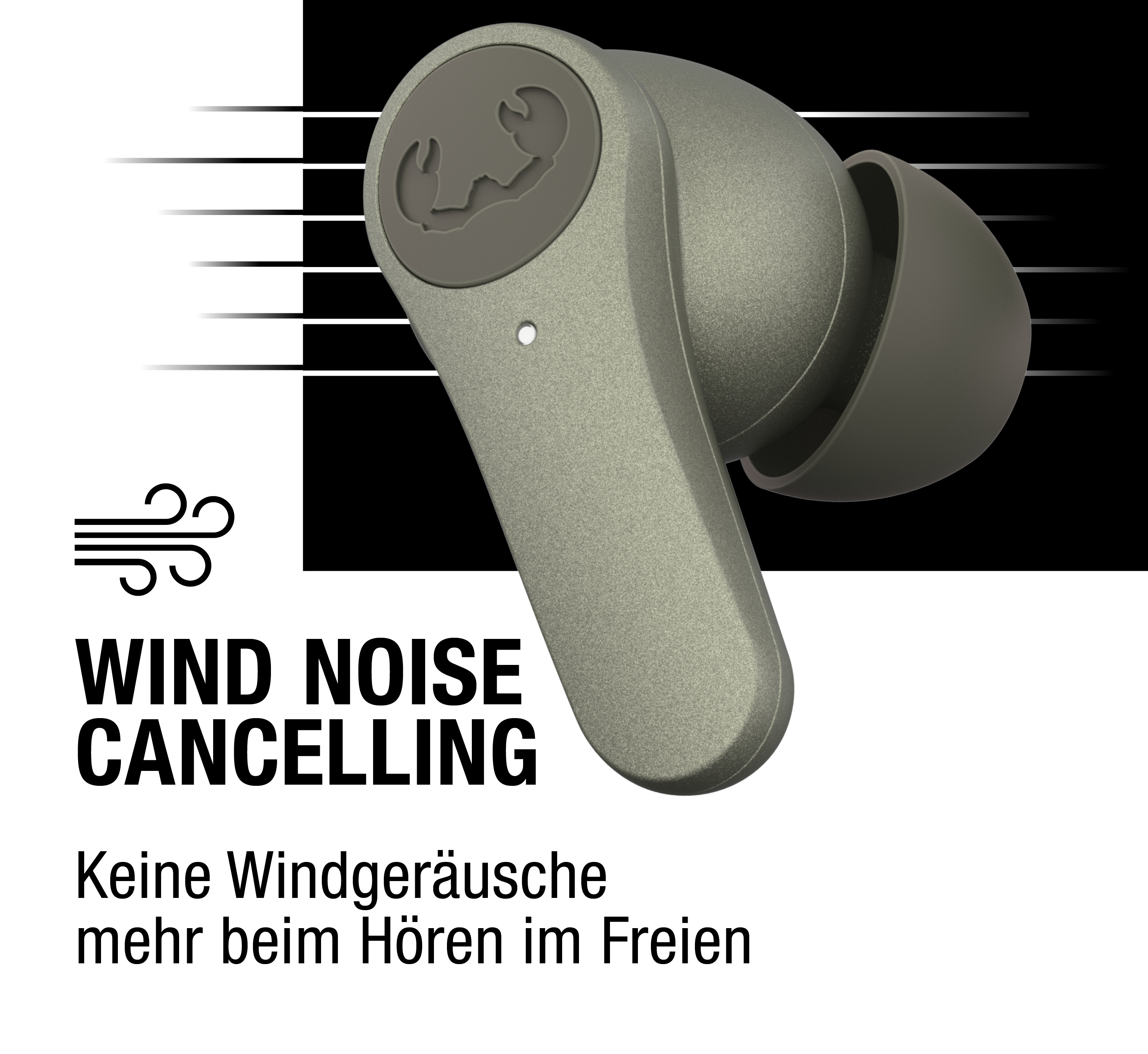 Grüner In-Ear-Kopfhörer vor schwarzem Hintergrund mit Text 'Wind Noise Cancelling'.