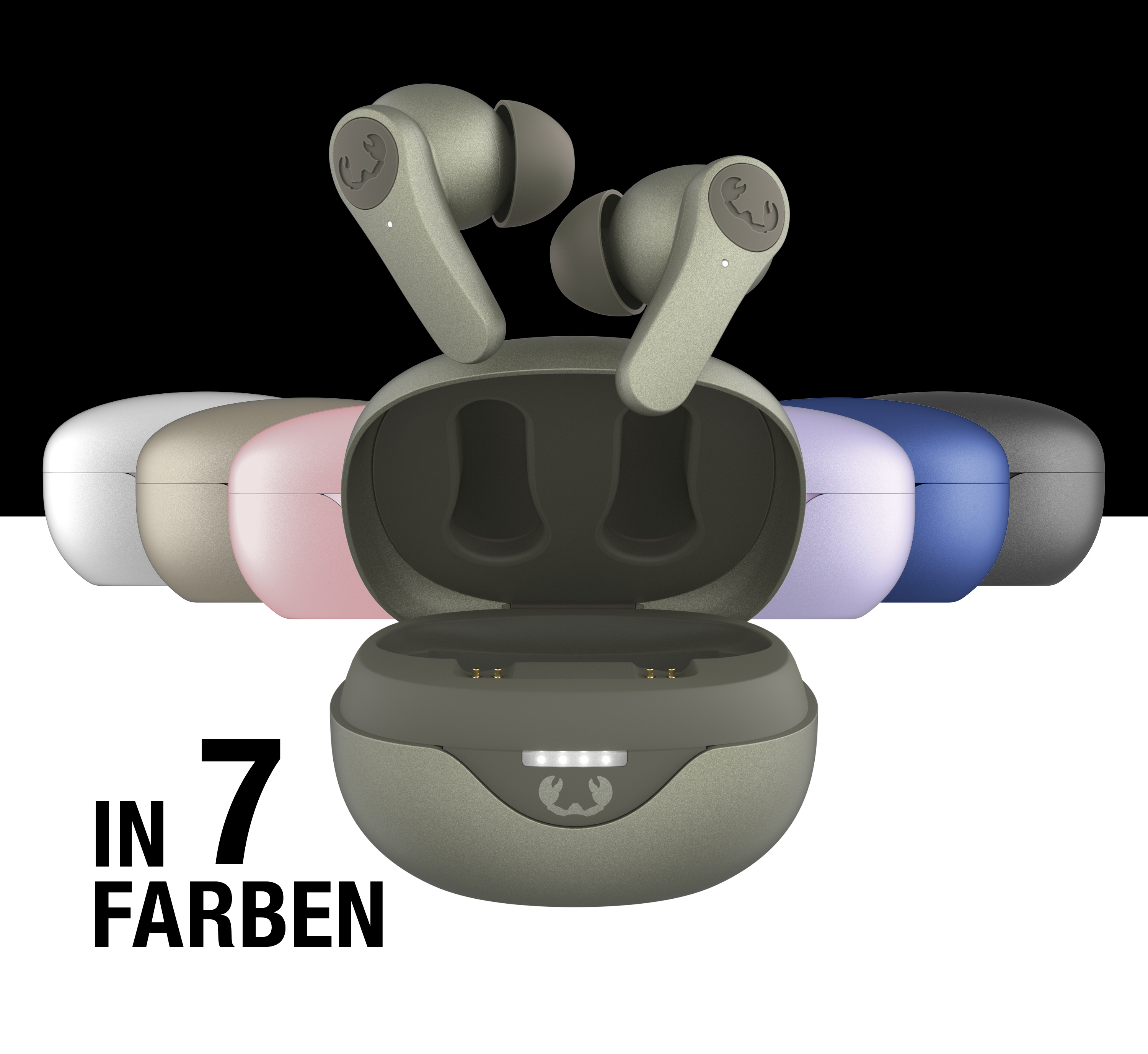 Olivgrüne kabellose Ohrhörer über Ladecase, im Hintergrund sechs weitere farbige Cases.