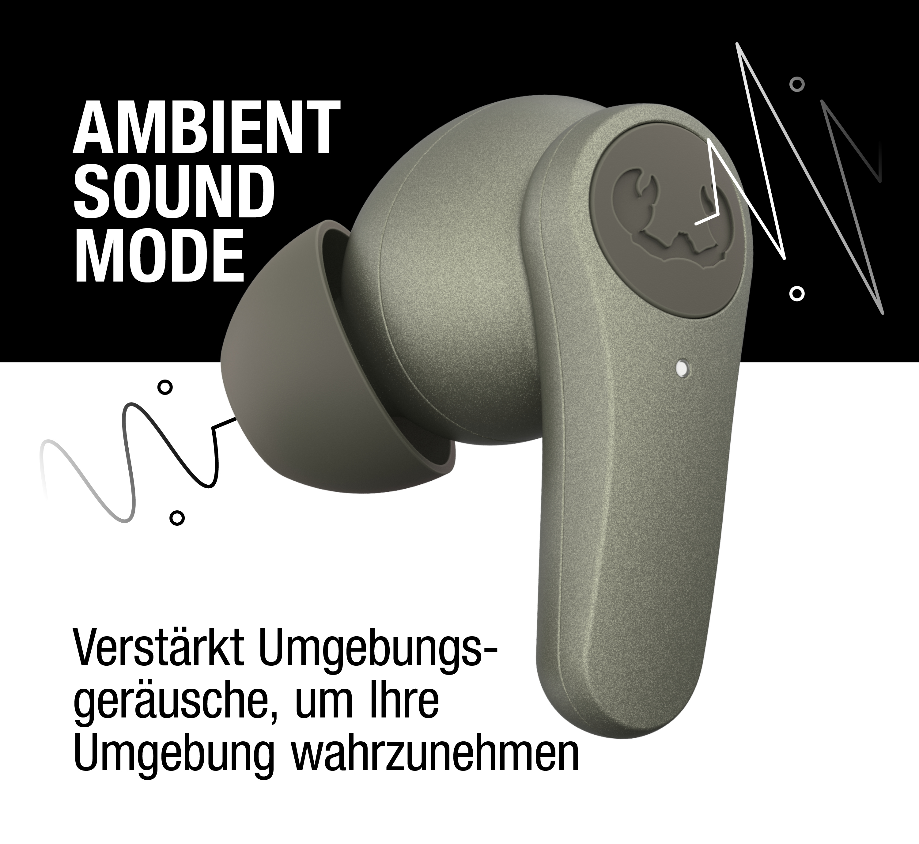 Ein grauer In-Ear-Kopfhörer vor einem schwarz-weißen Hintergrund mit Text und Wellenlinien.