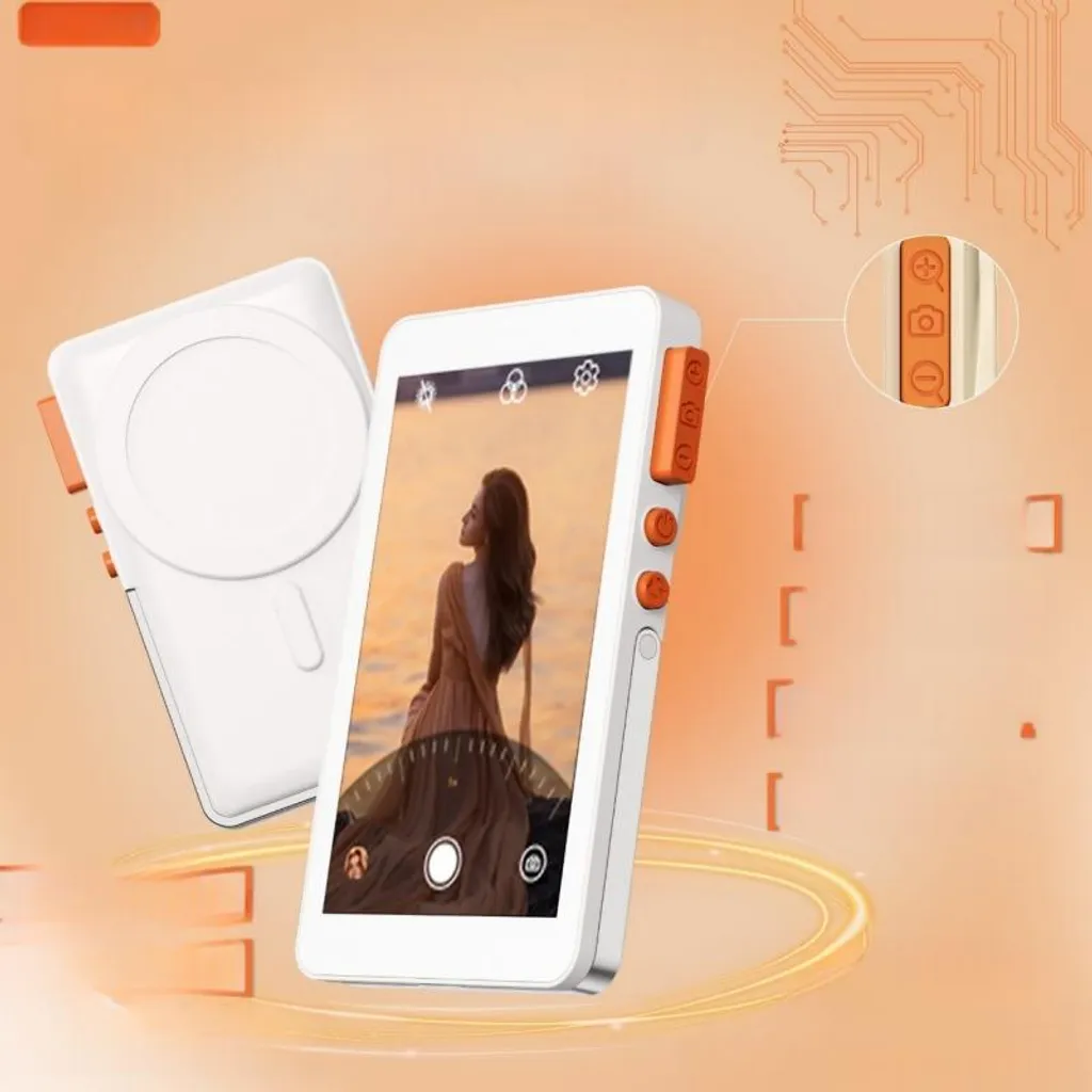 Zwei weiße Geräte mit orangefarbenen Tasten auf orangem Hintergrund, eines zeigt ein Bild einer Frau.