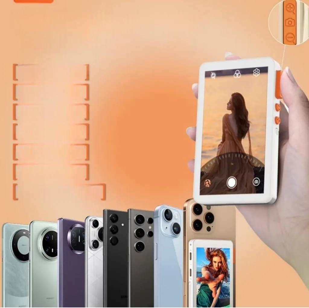 Eine Hand hält ein weißes Smartphone mit Kameraoberfläche über einer Reihe bunter Smartphones.