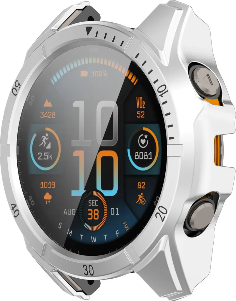 Eine silberne Sport-Smartwatch mit digitalem Zifferblatt, das Uhrzeit, Fitnessdaten und Akkuladestand anzeigt.
