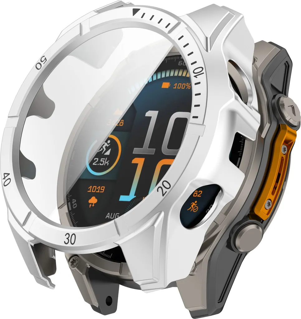 Eine robuste Smartwatch mit weißem Bumper, transparentem Display-Schutz, orangefarbenen Akzenten und digitalem Zifferblatt.